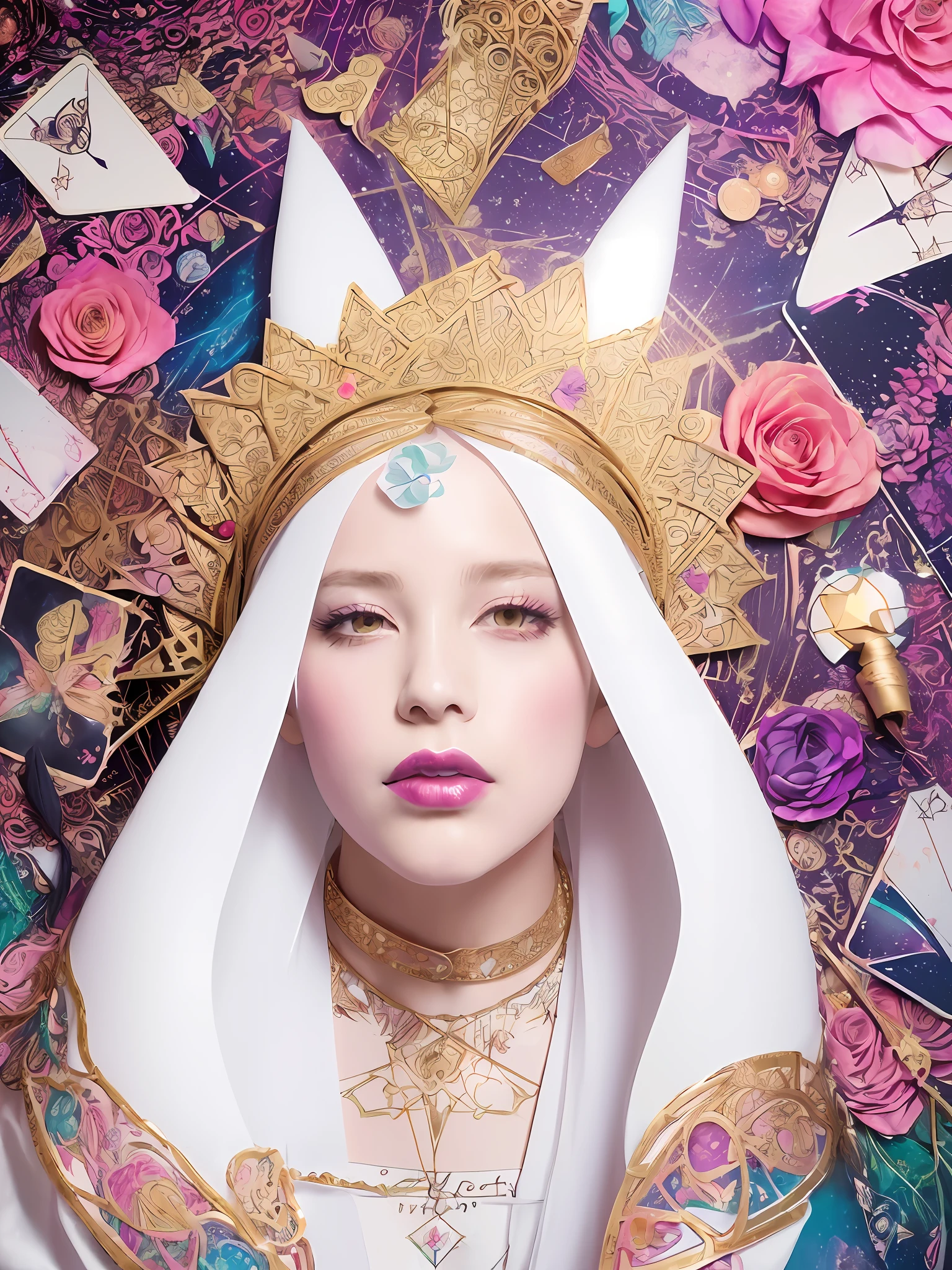 (Golden Ratio:1.2),(rose graffiti:1.2),(fault color:1.3),[(white background:1.4)::10], (full body:1.2),(ultra-detailed:1.3),(tarot:1.6),(the magician (tarot):1.6),

(paper:1.2),(fairy:1.6),(fairy wings:1.2),full body, standing in the air,(cool:1.2),(red long hair),(butterfly hair ornaments),(flower hair ornaments:1.0),((sandal,Locket)),(colorful cocktail long dress:1.0)+(Loose sleeves coat :1.3)+(floting colorful tassel and ribbon :1.2),(White stockings:1.2),

(colorful ink paper flower grow on the face:1.2),(colorful flower sea:1.3),

(chaotic geometric images:1.3),(nagative space:0.8),(drawing board:1.3),

(ether colorful ink flowing:1.3)