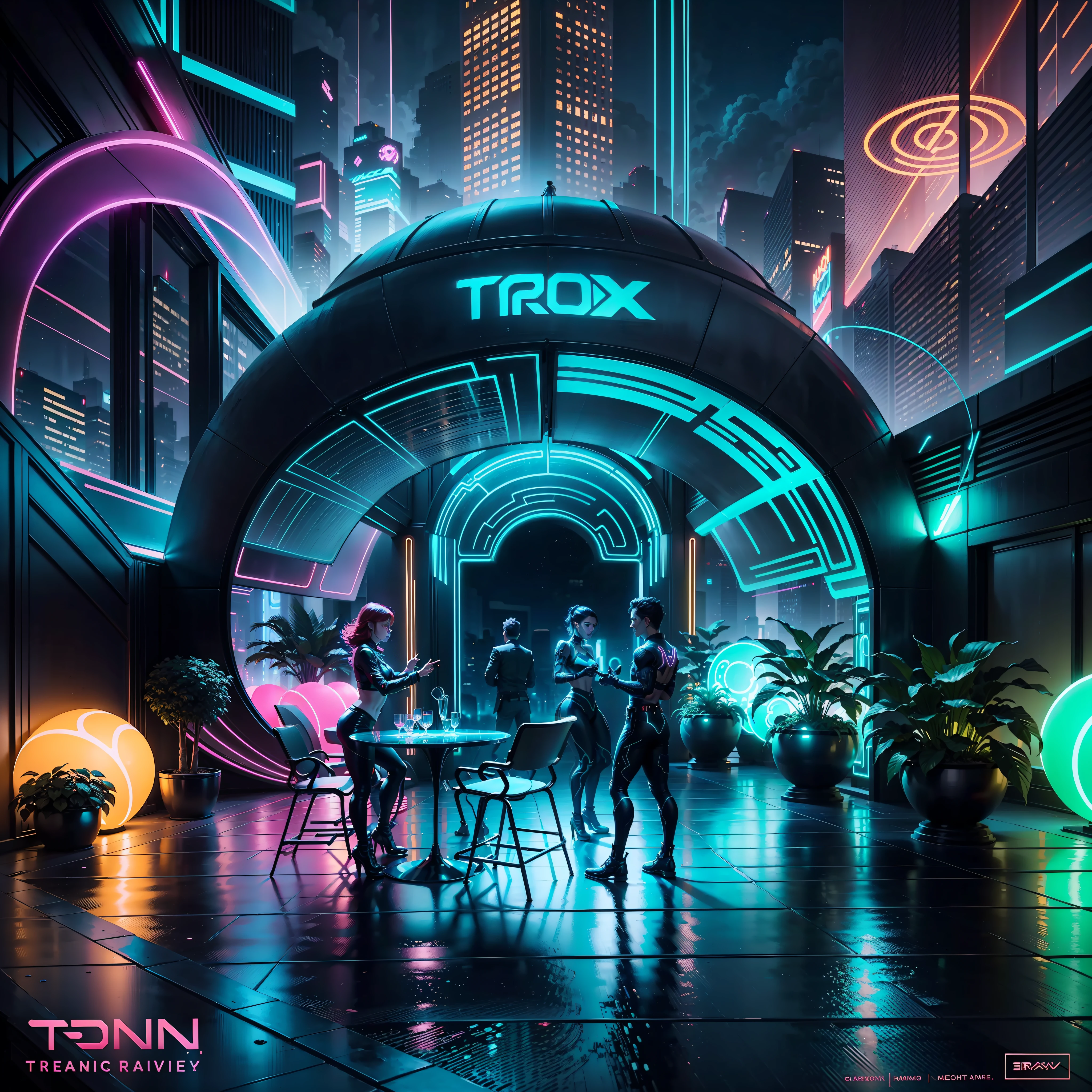 Create a vibrant ambience on a terrace inspired by the fantastic universe of Tron - The Legacy, flooded by the glow of ultra-realistic neon, filled with people dancing, kissing, singing, in a night full of life and energy