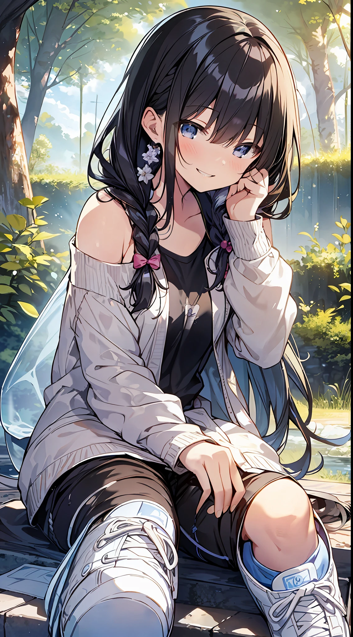 Top Quality, Masterpiece, Ultra High Definition, 8K, Summer Sky, Early Summer, (Pants, Sheer Cardigan, Sneakers), Shojo Manga Style Loli, One, Soft Line Art, Digital Enhancement, Shoujo Manga Touch, Shojo Manga Core, Flowing Fabric, Close Up, (Shoulder Length and Short Braid)), Wet Hair, Soft Drawing, Beautiful Black Hair, Clear Eyes, ((Teasing smile)) , Ultra-detailed digital anime art, clear face depiction, ultra-detailed shoujo manga character art, clear facial features, ultra-detailed manga style, top quality colors, hand gestures, landscape with nature, looking up at the sky, angle to see up to your feet, sit