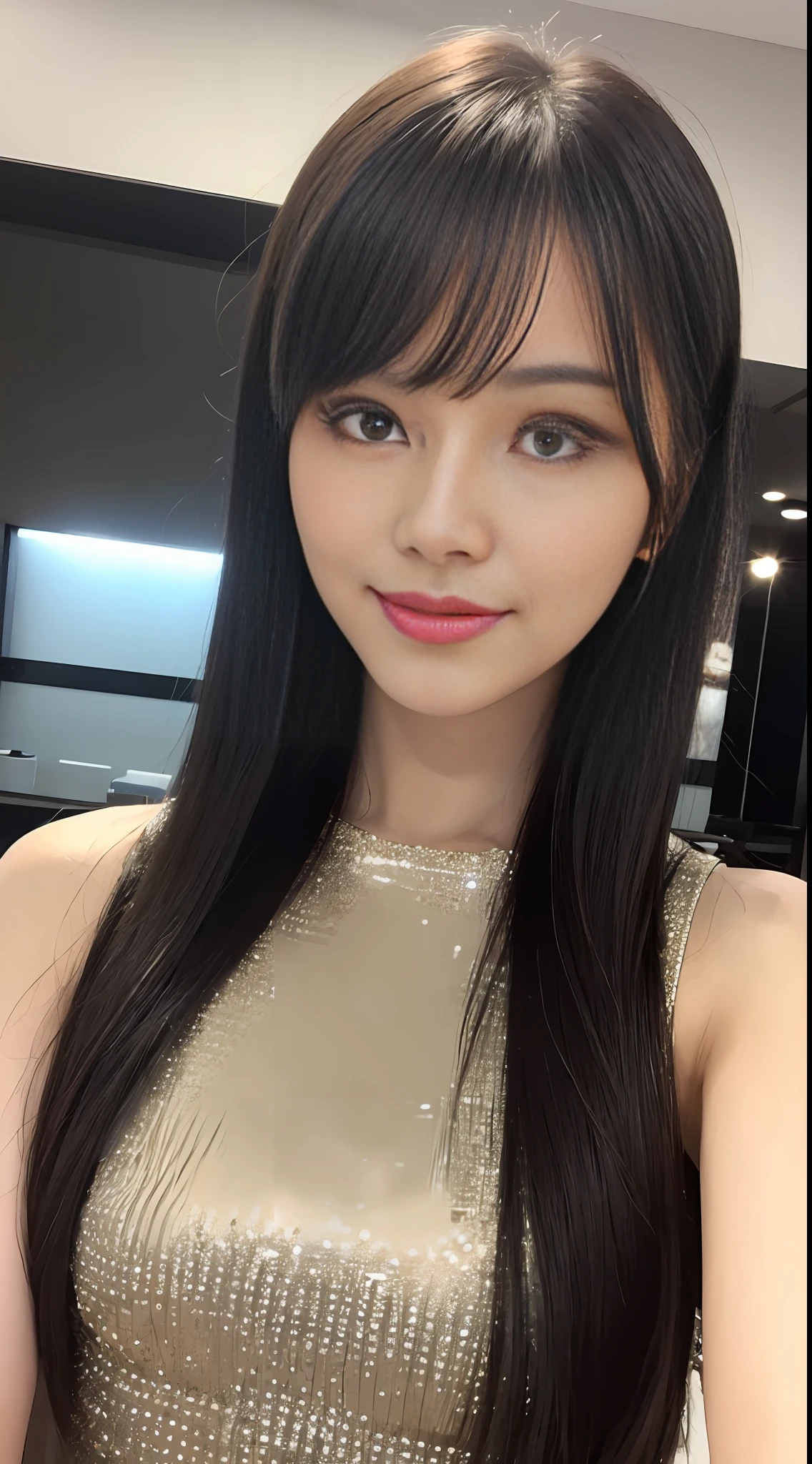 ((Best Quality, 8K, Masterpiece: 1.3)), 1 girl, smile, full body, slim face, pretty woman, (full-length dress: 1.5), super detailed face, detailed eyes, double eyelids, blurred background, slim face, city, outside, catwalk, black straight hair, bangs, smile, super fine face, fine eyes, eye shadow, various poses