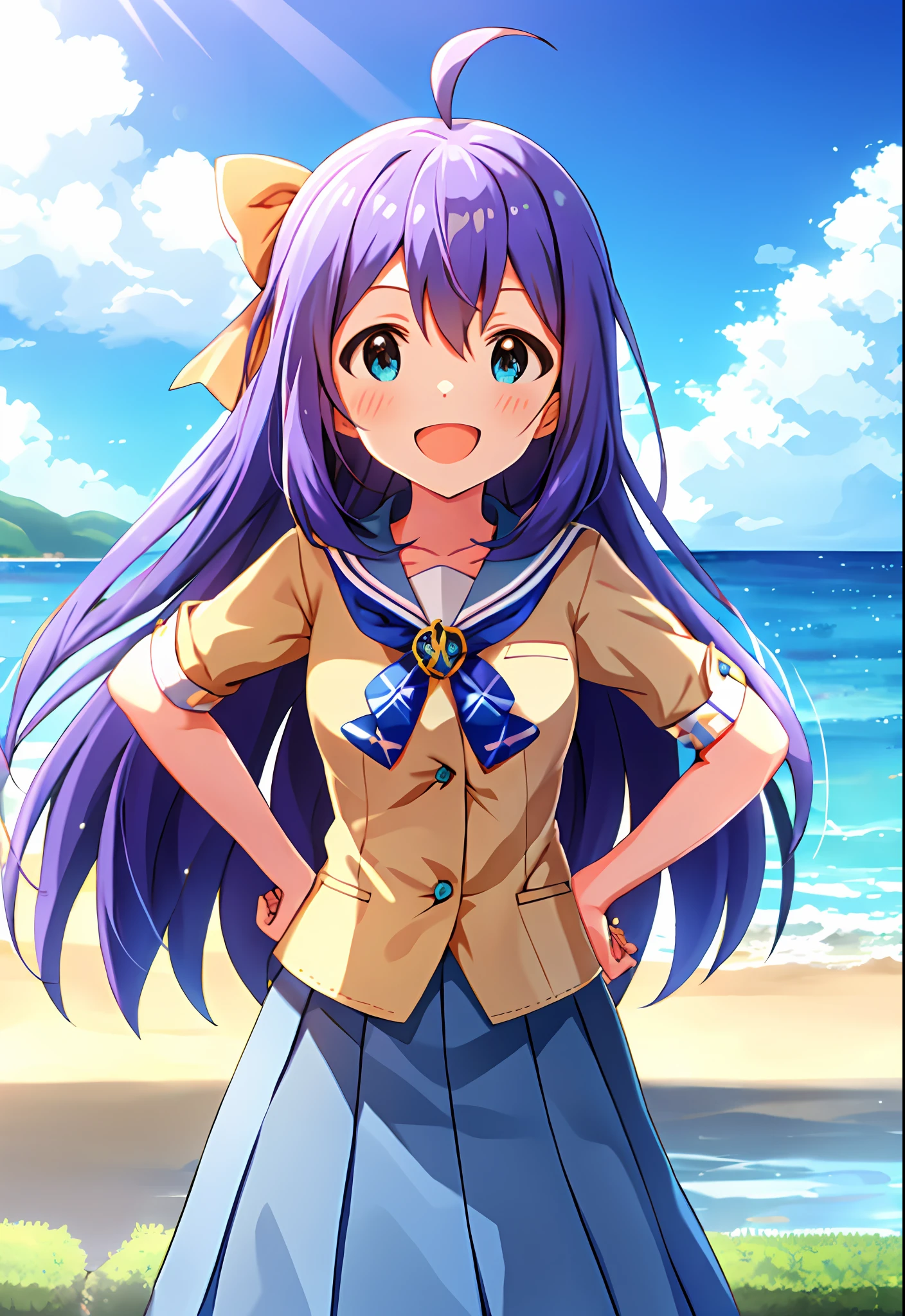 Anna Mochizuki (Million Live), Shiny Trinity \ (Costume), (Best Quality, 8K, Masterpiece, Super Detail: 1.2), Sea, Sun, Mottled Sunlight, Blue Sky, Beautiful Clouds, 1 Girl, Solo, Skirt, Smile, Open Mouth, V, Watch Viewer, White Sailor Color, Blue Shirt, Sailor Color, Blue Skirt, Pleated Skirt, Short Sleeve, :d, Shirt, School Uniform, Blush, Serafuk, Clavicle, bow, ribbon, blue bow.hands on hips.chest.make a fist.