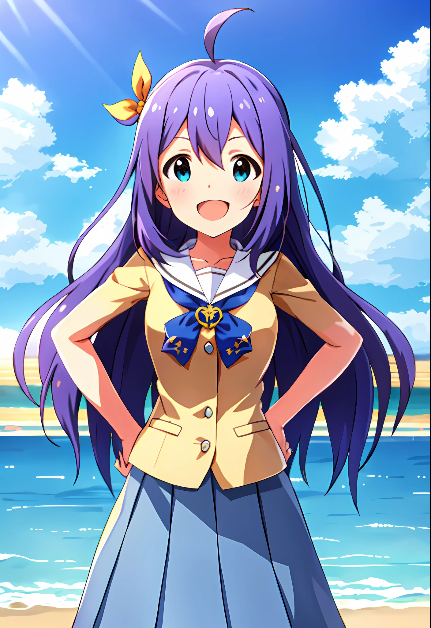 Anna Mochizuki (Million Live), Shiny Trinity \ (Costume), (Best Quality, 8K, Masterpiece, Super Detail: 1.2), Sea, Sun, Mottled Sunlight, Blue Sky, Beautiful Clouds, 1 Girl, Solo, Skirt, Smile, Open Mouth, V, Watch Viewer, White Sailor Color, Blue Shirt, Sailor Color, Blue Skirt, Pleated Skirt, Short Sleeve, :d, Shirt, School Uniform, Blush, Serafuk, Clavicle, bow, ribbon, blue bow.hands on hips.chest.make a fist.