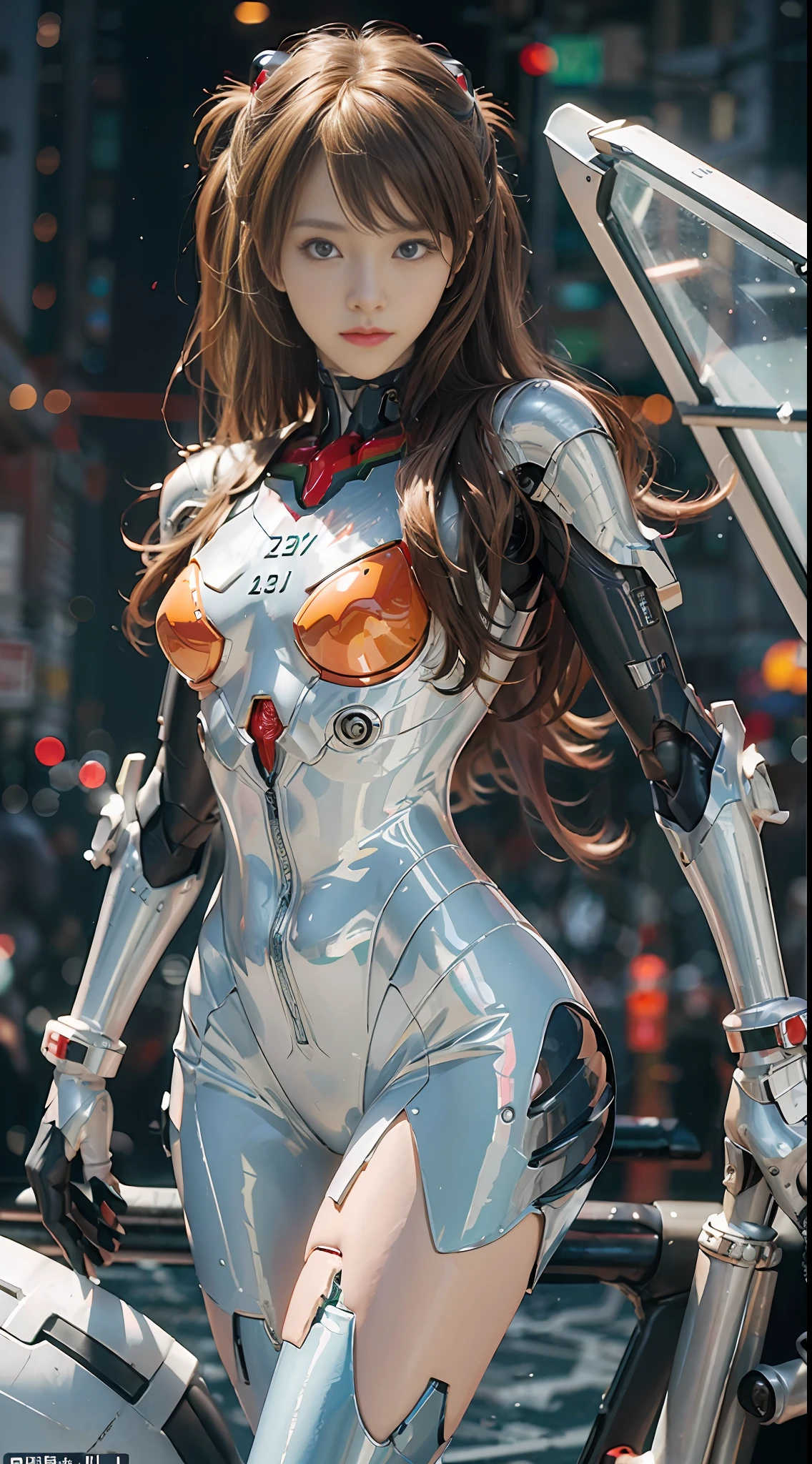 (magazine cover:1.3),ulzzang-6500, (realistic: 1.3) (original: 1.2), masterpiece, best quality, beautiful clean face, fullbody, ((robot girl, mecha)), broken armor, mechanical halo, mechanical arms, white hair, long hair, ceramic body, thigh gap, small breast, cyber background, extreme detailed city, EVA 02,Souryuu Asuka Lanley，明日香，（红色紧身衣， 红色乳胶，红色高跟鞋）(translucent body, reflection skin), 8k, best quality, ultra detailed, (hyperrealistic:1.4),