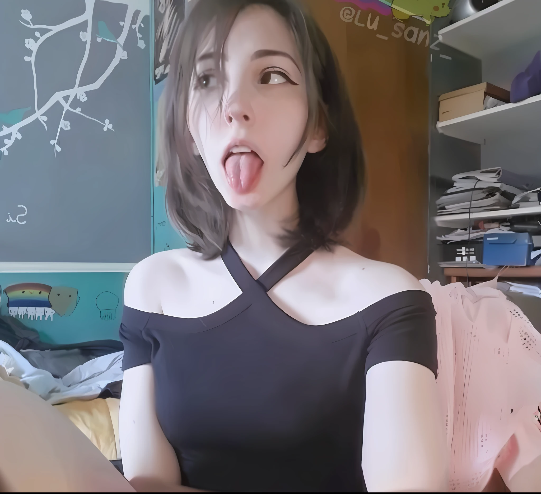 There is a woman sticking out her tongue while sitting on a bed, young and beautiful, tongue out, has a cute expressive face, 1 gothic girl, has a cute face, mouth open, 19-year-old girl, sexy look at the camera