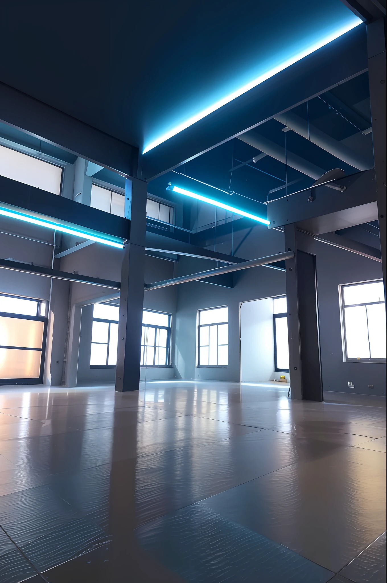 Light effects, factory, glowing ring in the middle, ray tracing, bright, wet reflection