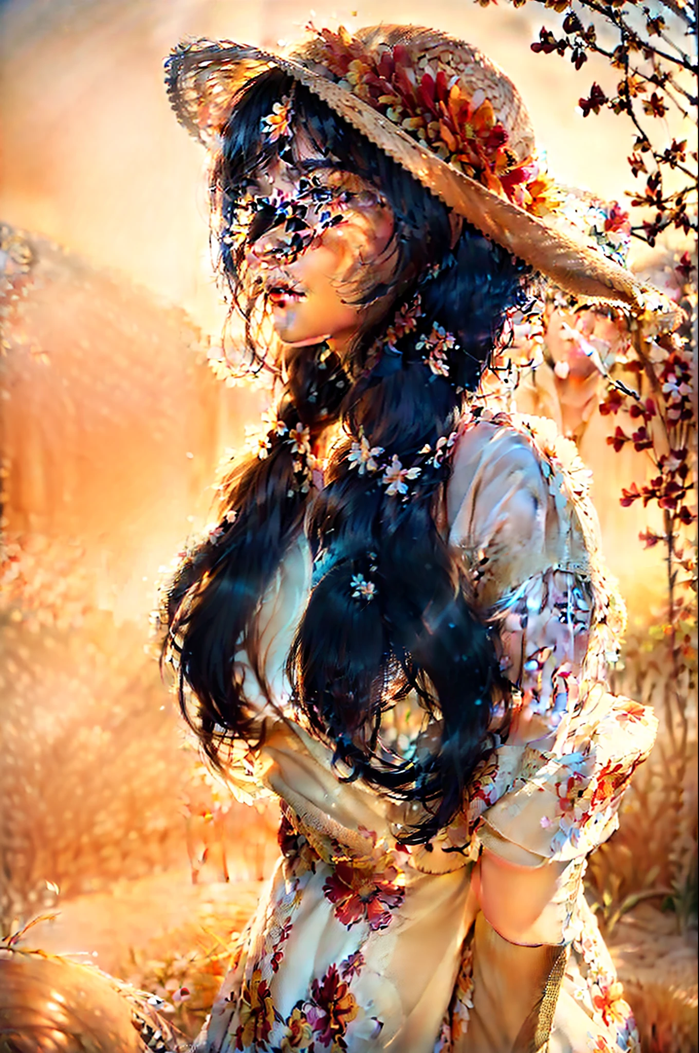 (extreme close up:1.5), (face focus:2),(Style of ???? ???:1.5),
((side face:2)),(1girl surrounded by soft_light:1.5), (backlighting:1.8), (lighting),(flowing fabric:1.3), ((Floral_summer_dress:1.5),(Straw_hat:1.3)),
(masterpiece), realistic, HDR, highly detailed, 8k, raw photo,
ambient occlusion, natural, harmonious composition, warm tones, fine art photography,