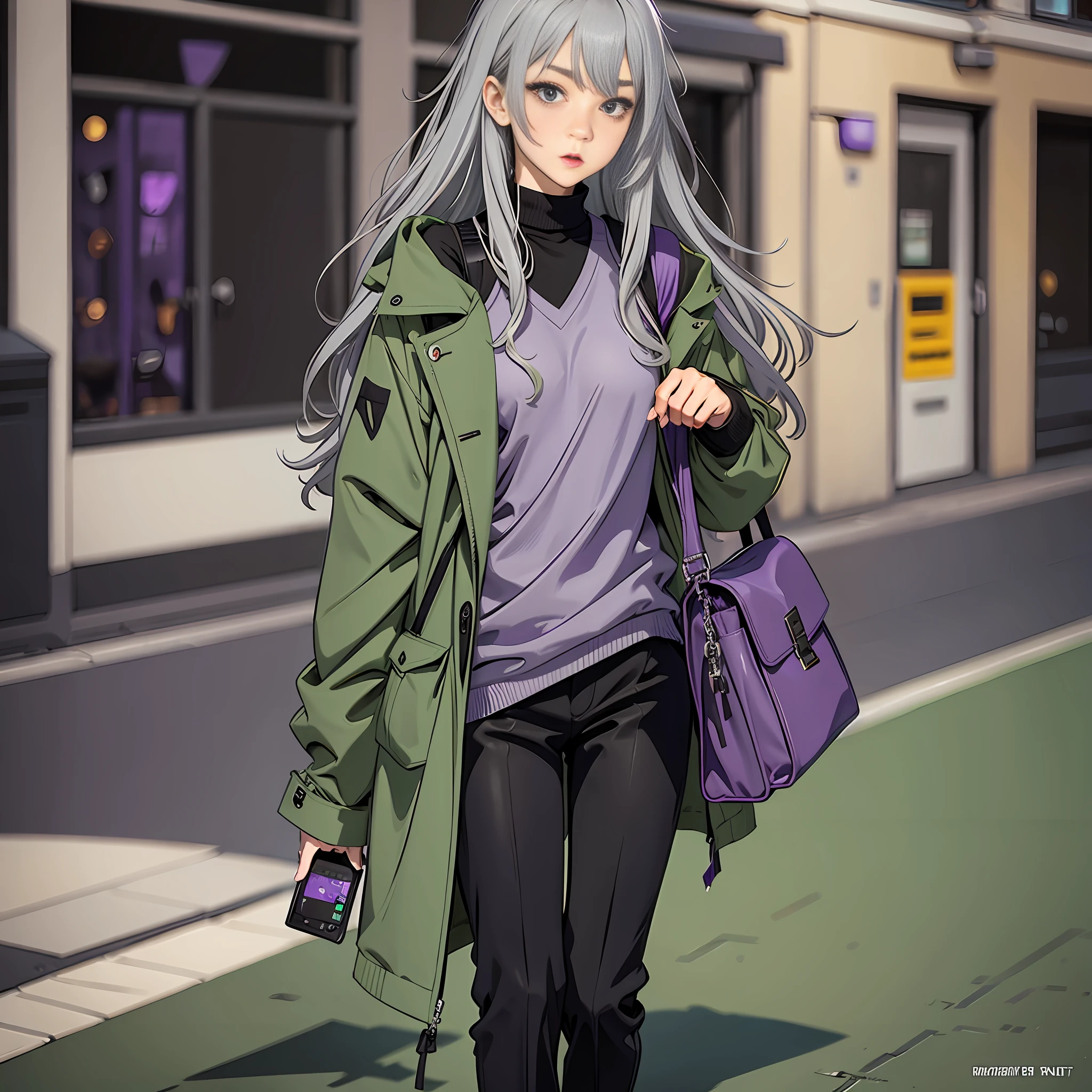 Gray hair, medium long hair, purple shirt, green coat, black pants, black shoes, dull hair, girly, introverted, cute, purple pupils, tsundere face, scattered, boasting shoulder computer bag, 17 years old