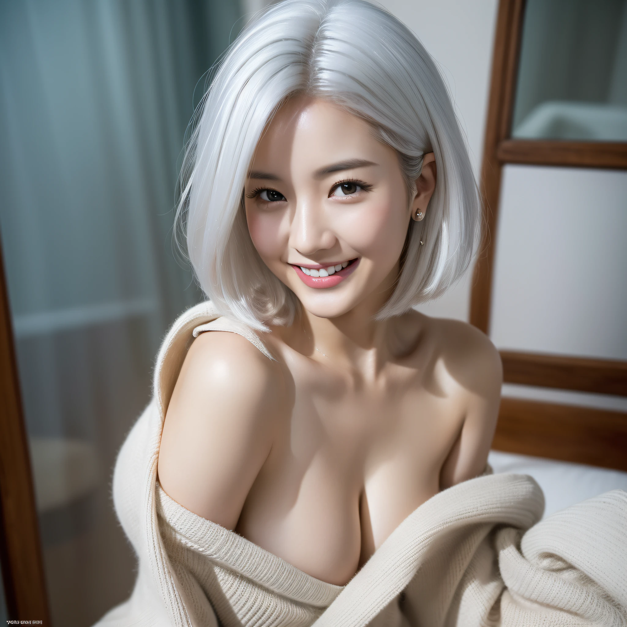 ((Realistic lighting, top quality, 8K, Masterpiece: 1.3)), Clear Focus: 1.2, 1 girl, Perfect Body Beauty: 1.4, Slim Abs: 1.1, ((White hair, Big: 1.3)), ultra-slender face, fine eyes, double eyelids, exposed cleavage, pretty, top quality, masterpiece, super high resolution, (photo real: 1.4), one girl, look viewer, Korean famous actress, wearing an oversized off-shoulder knit over naked, very beautiful, cute, cinematic, 35mm lens, f / 1. 8, accent lighting, 8K, at home, smiling here, shortcut, bobcut, succubus