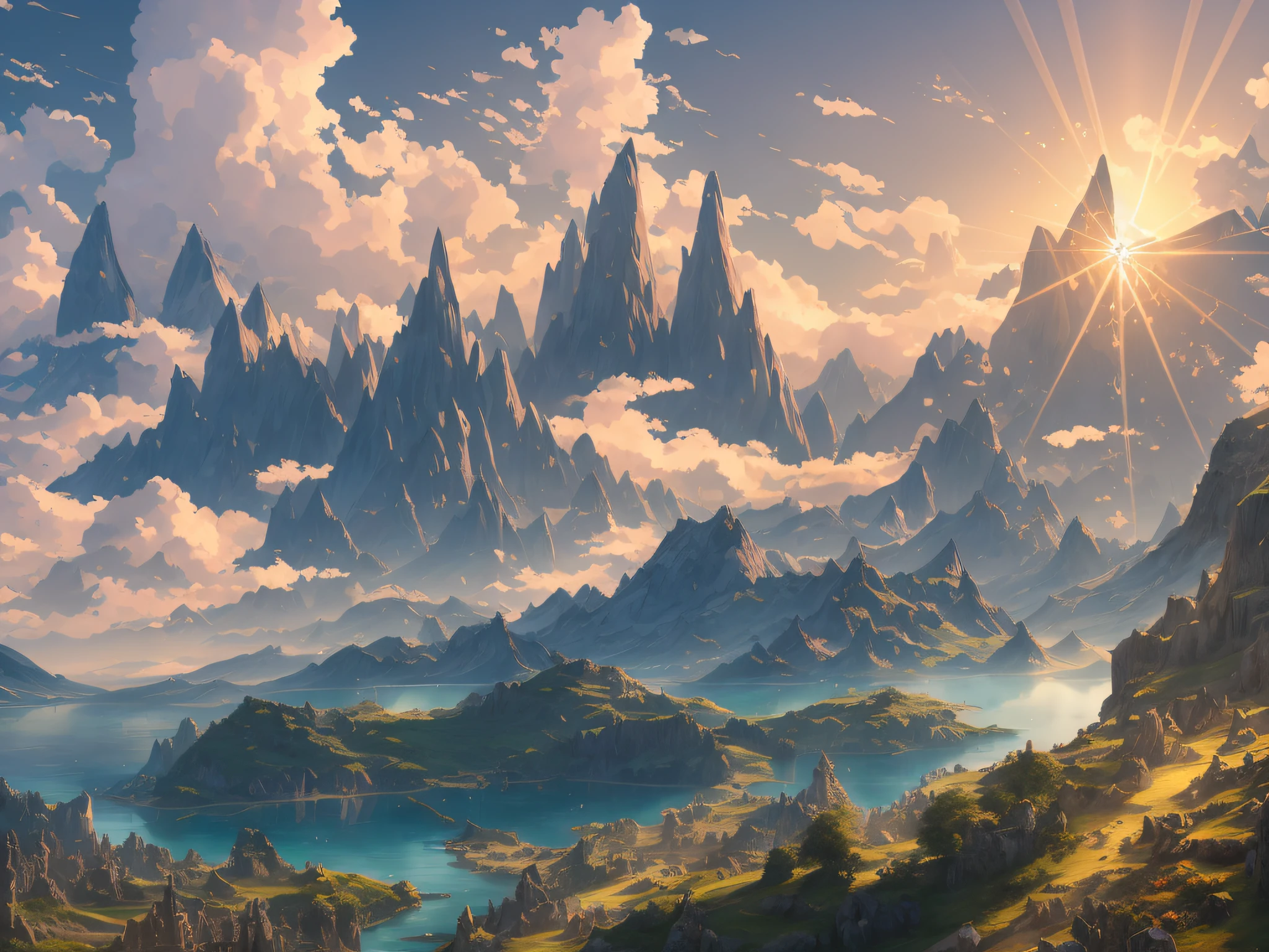 mountains with a lake and a mountain range in the background, impressive fantasy landscape, an epic landscape, 4k highly detailed digital art, epic fantasy landscape, most epic landscape, detailed scenery —width 672, high fantasy landscape, 8k high quality detailed art, fantasy art landscape, epic dreamlike fantasy landscape, epic landscape, 4k fantasy art