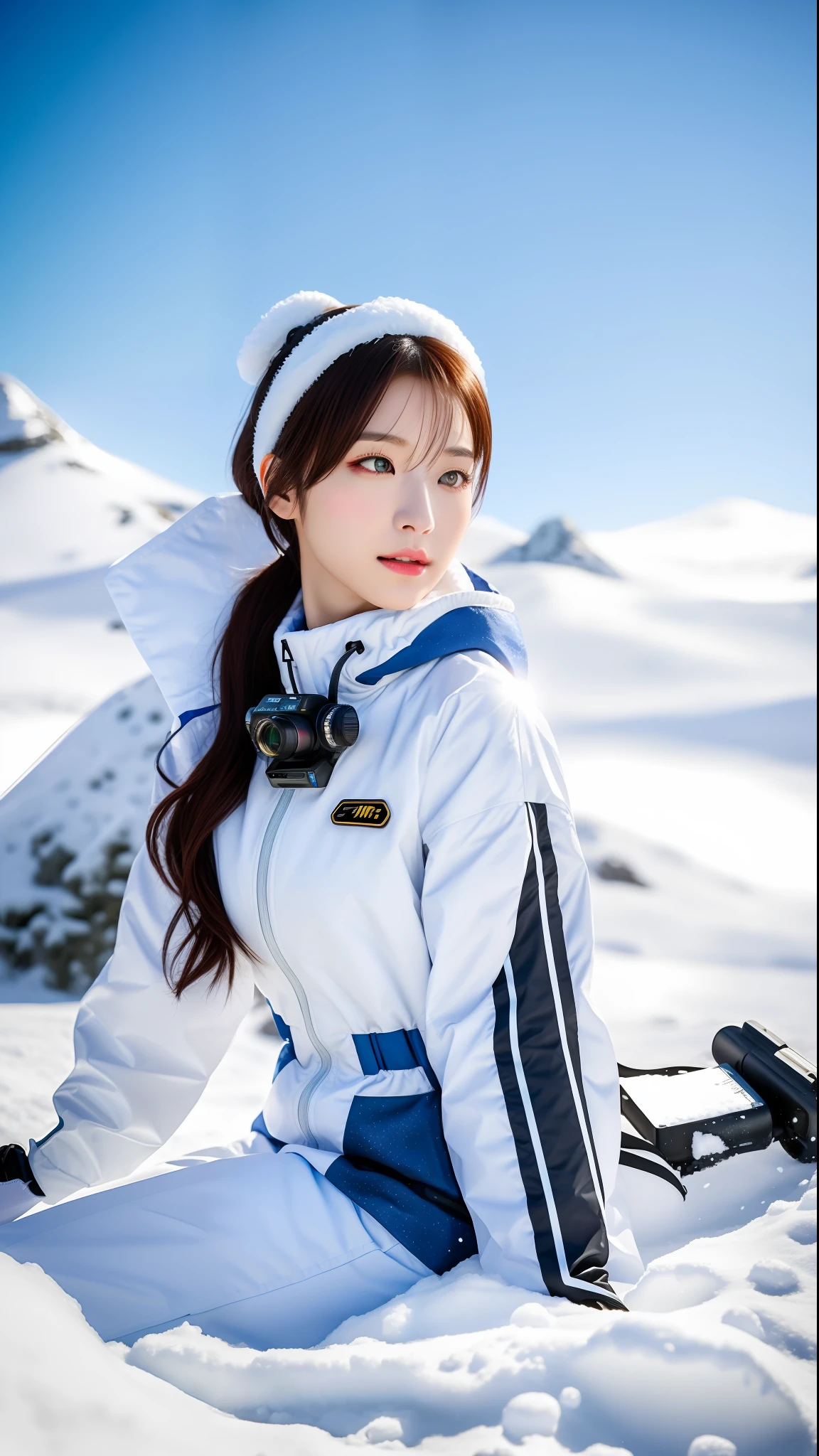 High-quality, ultra-clear photography, Asian beauty sitting on a snow with small stones, carrying a backpack, holding a musical instrument, in the solo melody, photo level, canon, while adding spacesuit + star drama "Star Wars" story of the imperial agent elements, the effect presented is like a fusion of "science fiction movie + hot game + Asian beauty" fresh snow photography. (Realistic), (Complex Detail: 1.2), (Masterpiece: 1.3), (Best Quality: 1.4), (Ultra Resolution: 1.2), Ultra High Resolution, (Detailed Eyes), (Detailed Facial Features), HDR, 8k Resolution, (Lens Vire: 0.7)