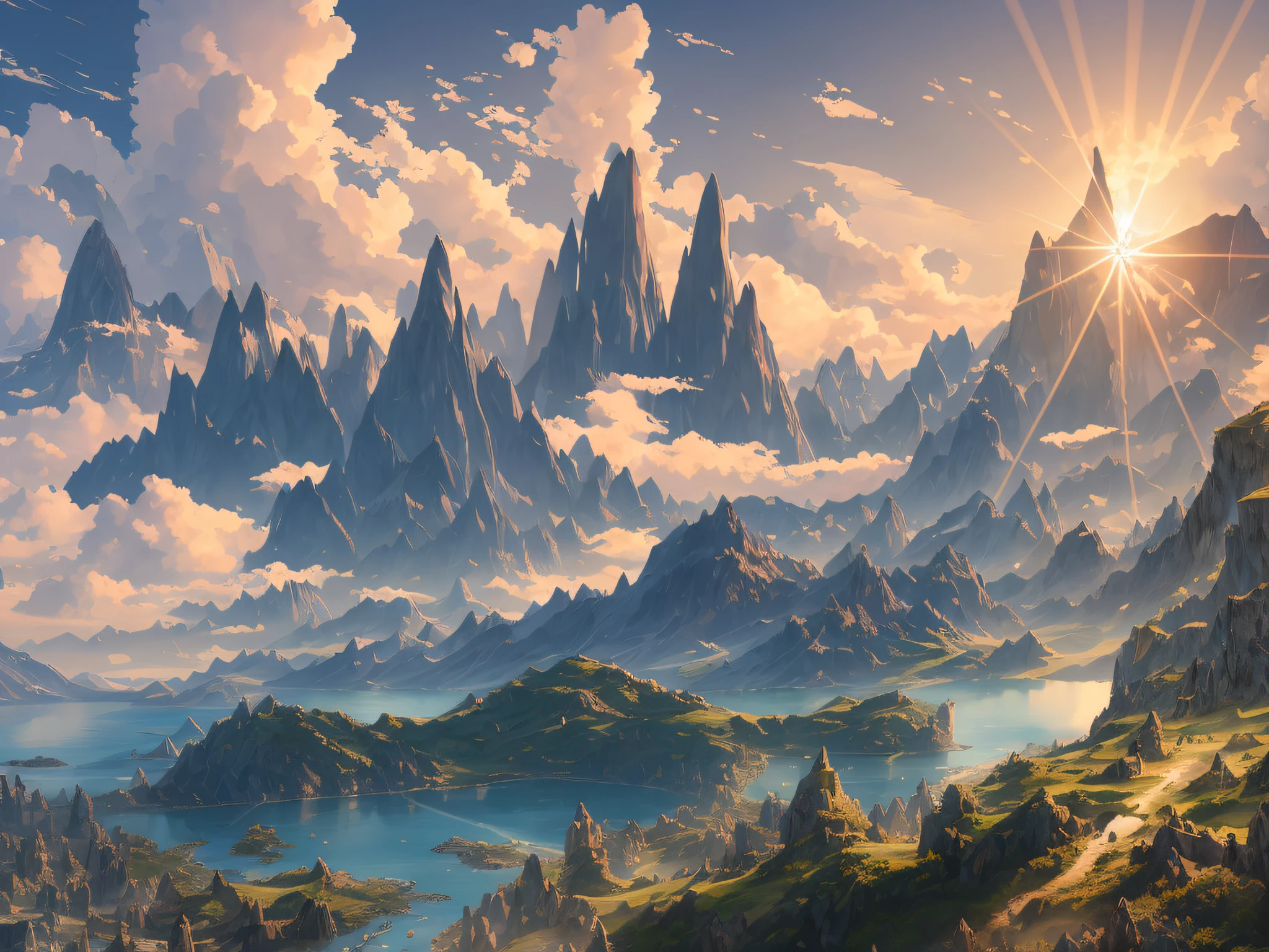 mountains with a lake and a mountain range in the background, impressive fantasy landscape, an epic landscape, 4k highly detailed digital art, epic fantasy landscape, most epic landscape, detailed scenery —width 672, high fantasy landscape, 8k high quality detailed art, fantasy art landscape, epic dreamlike fantasy landscape, epic landscape, 4k fantasy art