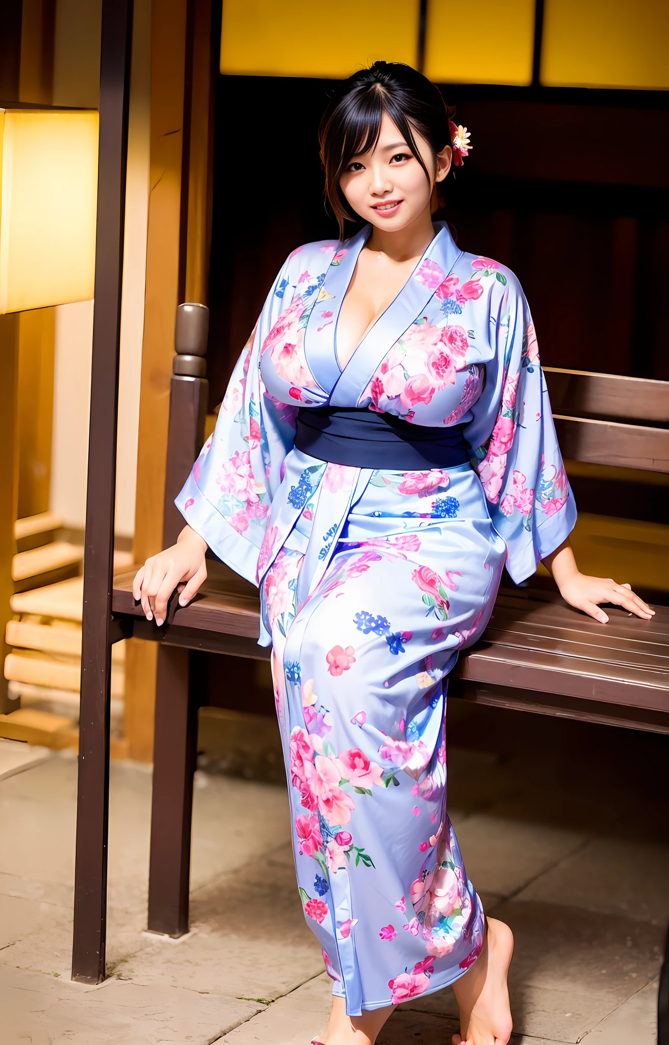 ((Evening night shop)), ((Wearing a yukata)), ((Huge: 1.2)), ((Quality: 8K, Big ass: 1.5)), ((Korean beauty)), ((Arasah: 35 years old)), (Emphasizing cleavage)), (Posing sitting on a bench)))),