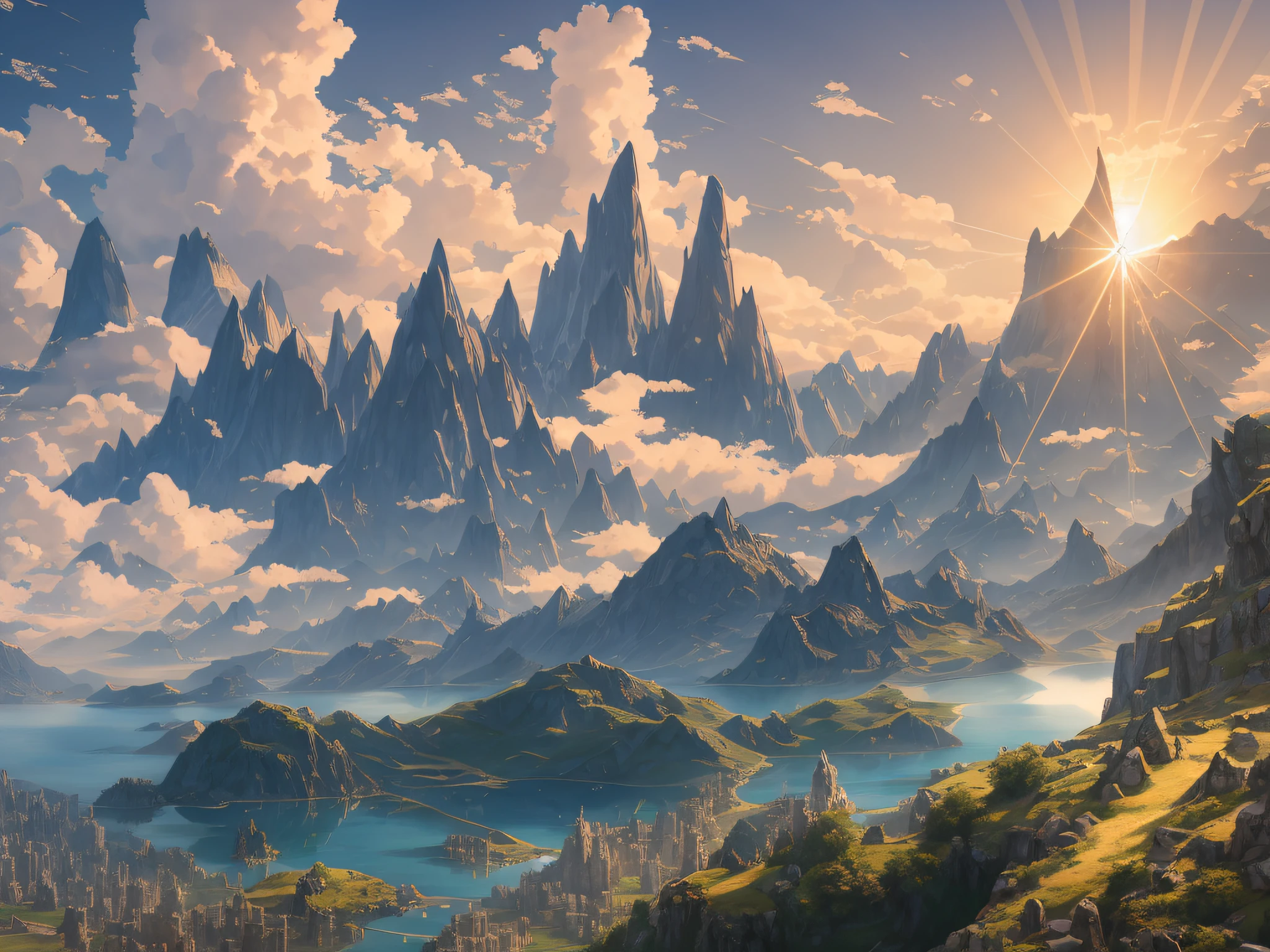 mountains with a lake and a mountain range in the background, impressive fantasy landscape, an epic landscape, 4k highly detailed digital art, epic fantasy landscape, most epic landscape, detailed scenery —width 672, high fantasy landscape, 8k high quality detailed art, fantasy art landscape, epic dreamlike fantasy landscape, epic landscape, 4k fantasy art