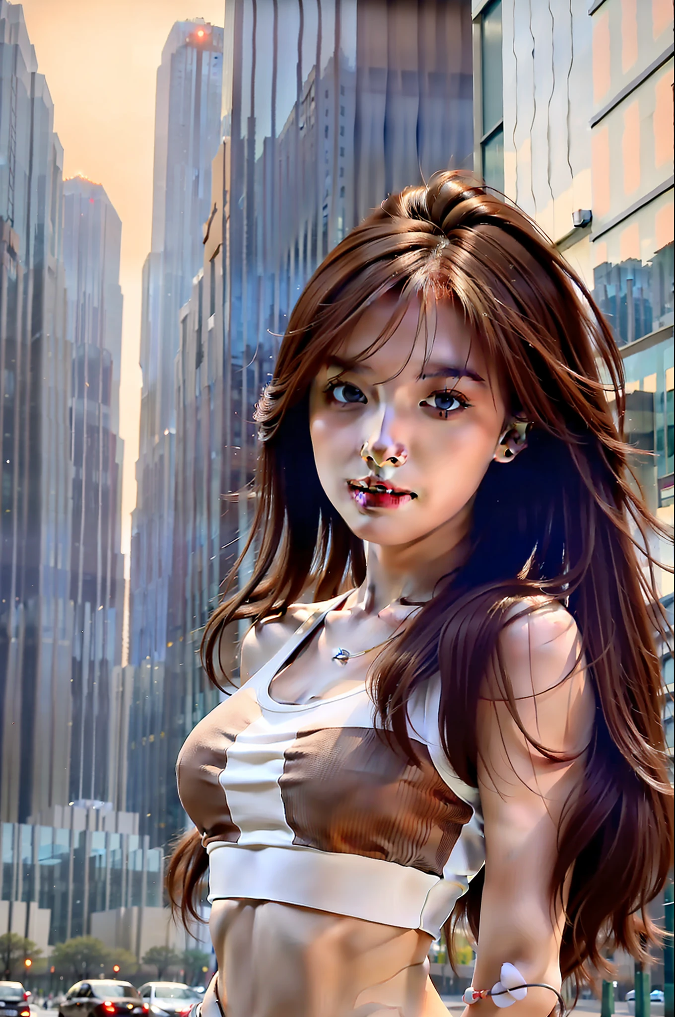 ((Realistic lighting, Best quality, 8K, Masterpiece: 1.3)), Clear focus: 1.2, 1girl, Perfect Figure: 1.4, Slim Abs: 1.1, ((Dark brown hair)), (White crop top: 1.4), (Outdoor, Night: 1.1), City streets, Super fine face, Fine eyes, Double eyelids,