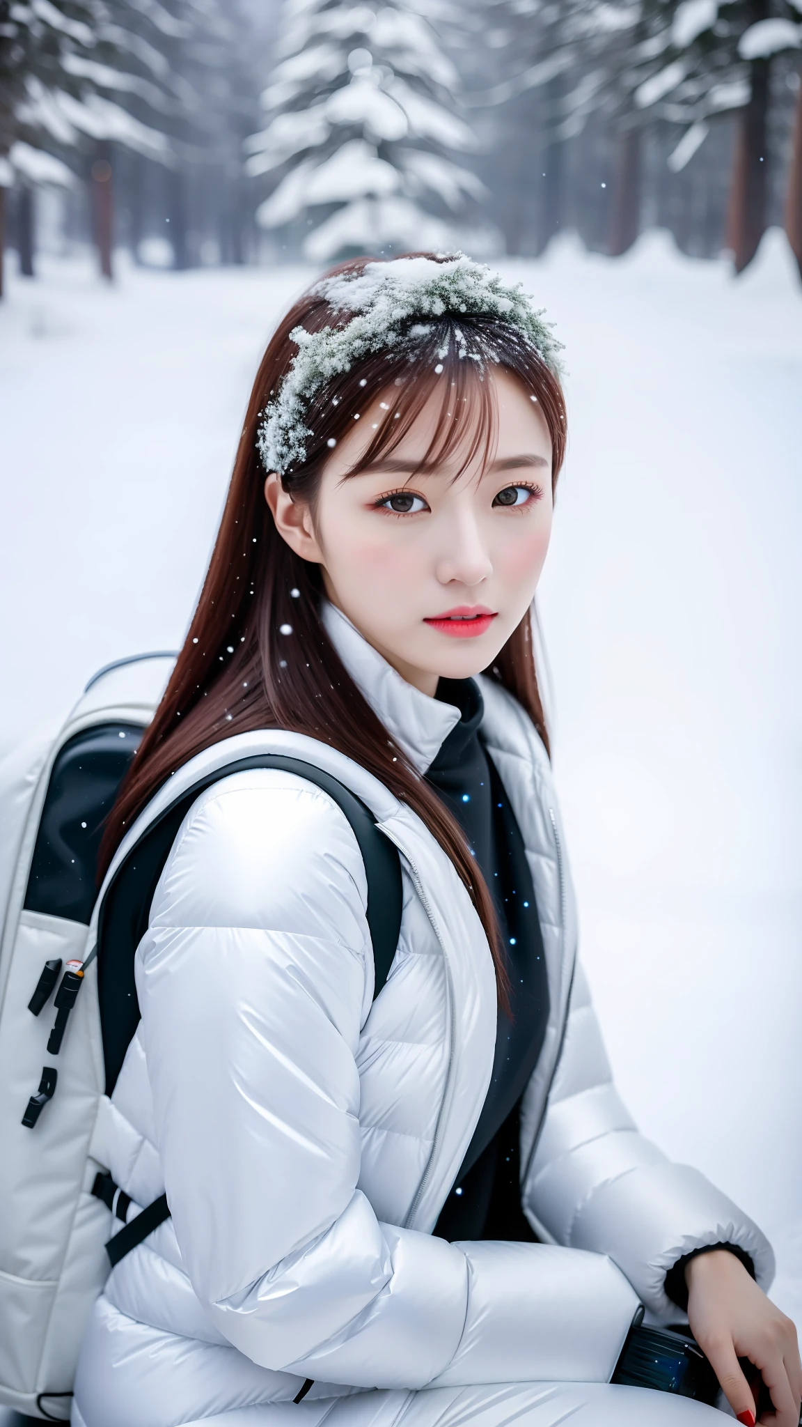 High-quality, ultra-clear photography, Asian beauty sitting on a snow with small stones, carrying a backpack, holding a musical instrument, in the solo melody, photo level, canon, while adding spacesuit + star drama "Star Wars" story of the imperial agent elements, the effect presented is like a fusion of "science fiction movie + hot game + Asian beauty" fresh snow photography. (Realistic), (Complex Detail: 1.2), (Masterpiece: 1.3), (Best Quality: 1.4), (Ultra Resolution: 1.2), Ultra High Resolution, (Detailed Eyes), (Detailed Facial Features), HDR, 8k Resolution, (Lens Vire: 0.7)
