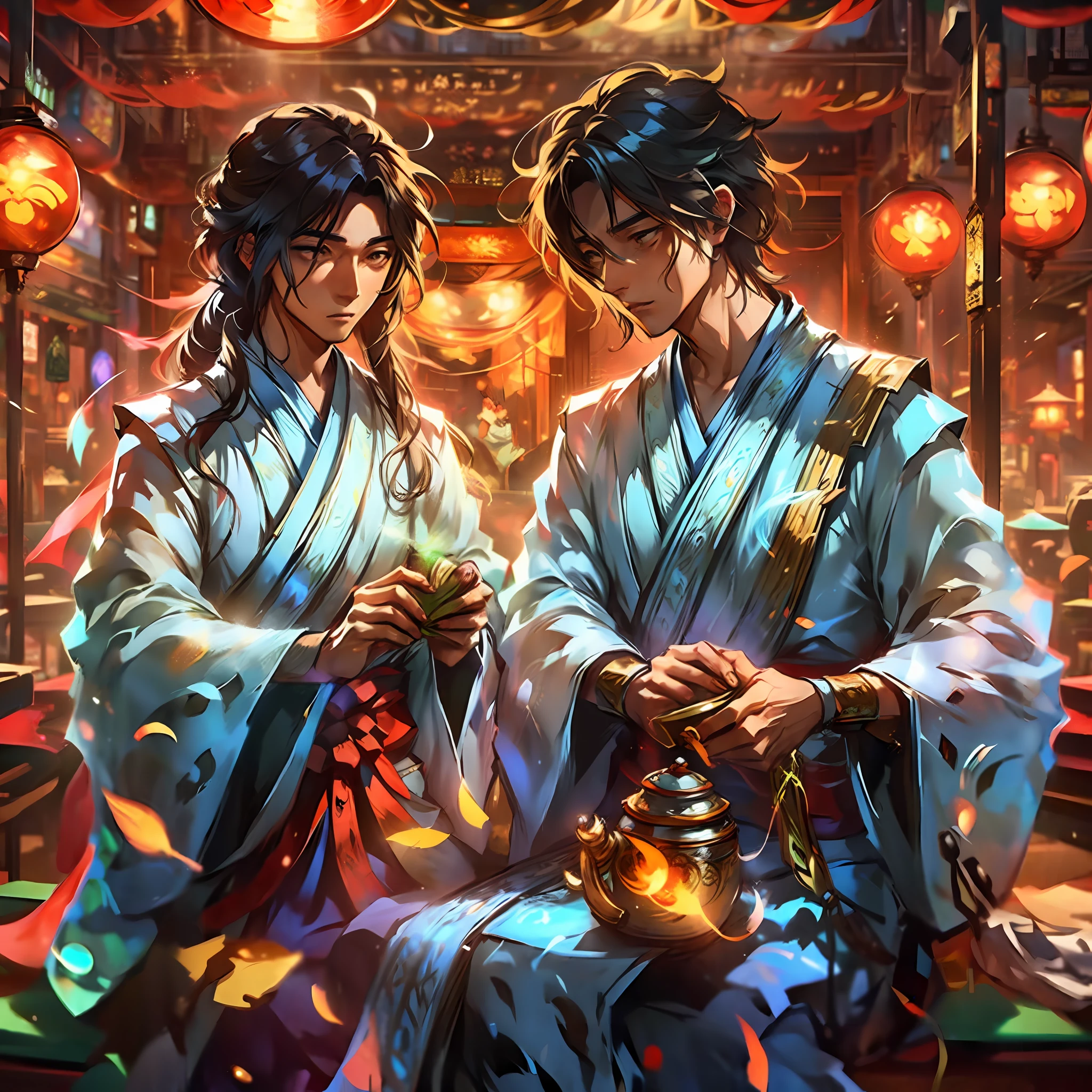 (two men:1.2), wearing (long, flowy) hanfu robes, sitting at a teashop, drinking tea, (peaceful, relaxing atmosphere).