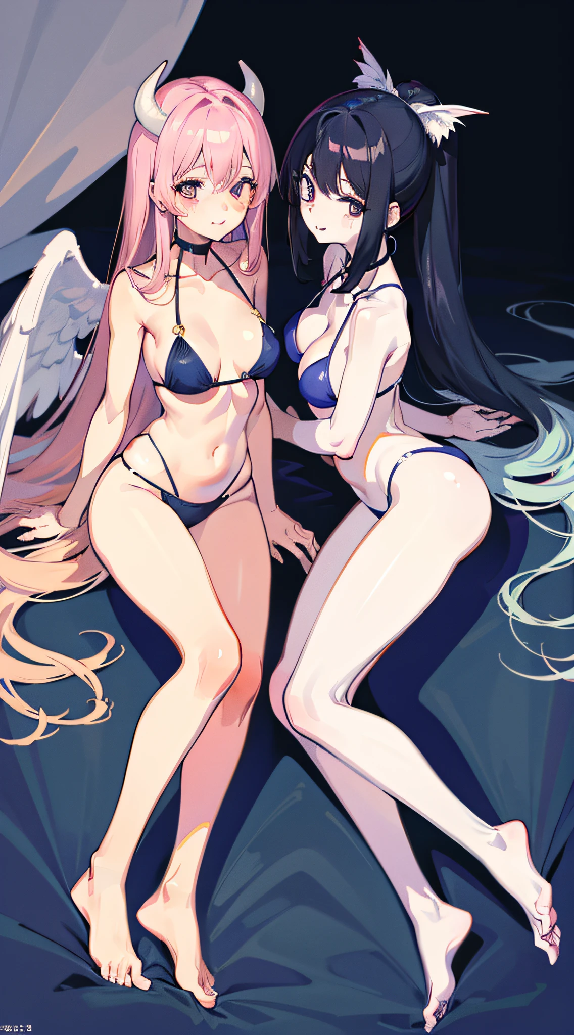 Swimsuit, multi-person sisters, young youth, manga style, big chest, legs fit, 4K, high resolution, lily, angel, demon, lower limbs connected
