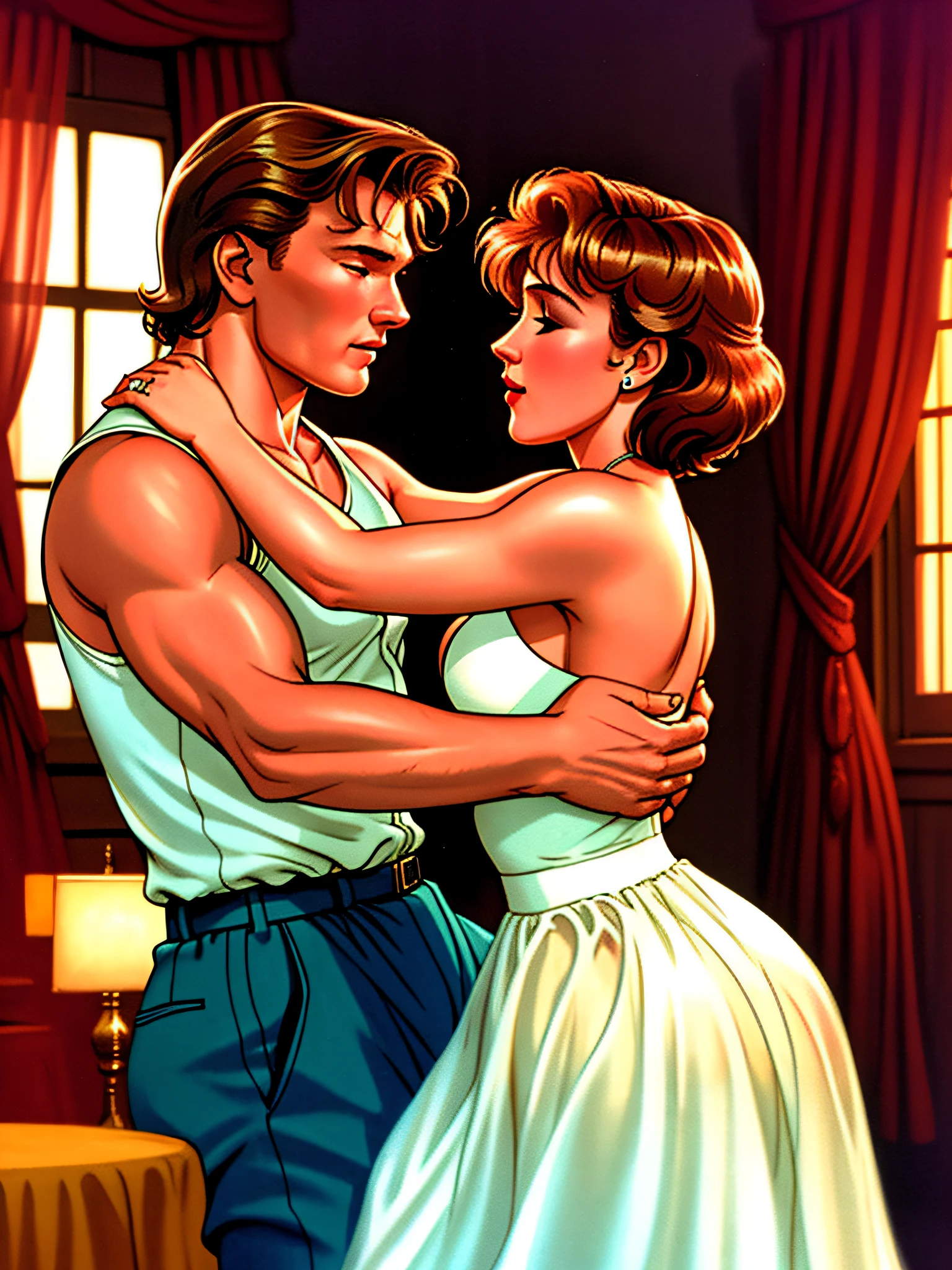(jennifer gray)+dirty dancing+patrick swayze, romantic setting, dim lighting, soft focus, vintage look, dreamy atmosphere, tender moments, delicate movements, flowing dress, passionate chemistry, slow dancing.