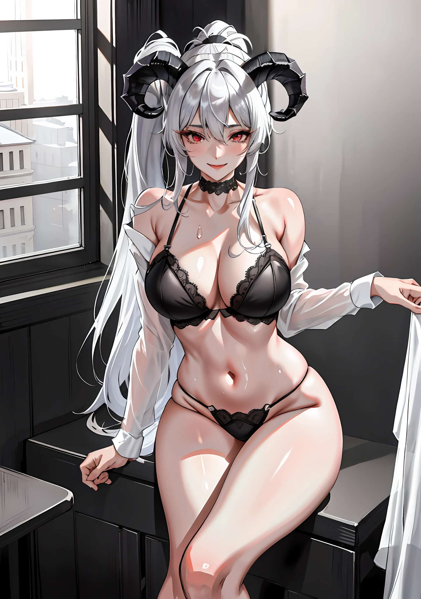 1 girl, sweat, (masterpiece, best quality, high quality, high resolution: 1.4), detailed, extremely detailed, soft ambient light, 4K, interior, modern, room, window, night, dark, 1 demon girl, (only: 1.4), (mature,: 1.4), standing, dynamic sexy pose, nude, seduction, long hair, (gray hair: 1.4), transparent lingerie, (white hair: 1.2), extra long hair, tied hair, ponytail, messy hair, straight hair, (lenses, big eyes, red eyes: 1.2 ), Look at the audience, smile, wet, thought, (T-shirt: 1.2), Cutle, (White thighs: 1.2), Bottomless, Open shirt, Curvy, (Thick thighs, Skindentation: 1.2), Medium breasts, cat, Swollen, nsfw, Sheep horns, lamb horns, horns on the sides, horns towards the front.