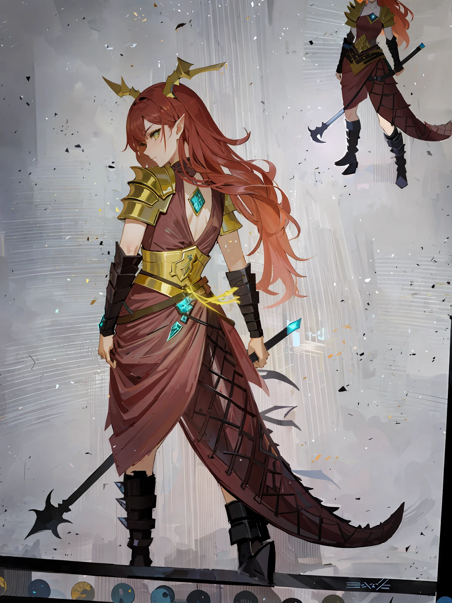 Woman with sword has three different poses, human and dragon fusion, character can be adopted, as badass monster hunter, D&D style full-body portrait, fantasy D&D character, complex fantasy character, full body adoptable, full body concept, colored line art, full body dragon concept, dragon inspired armor, dragon girl, D&D fantasy character, left light coming from the left, light from the left, with a clear light source