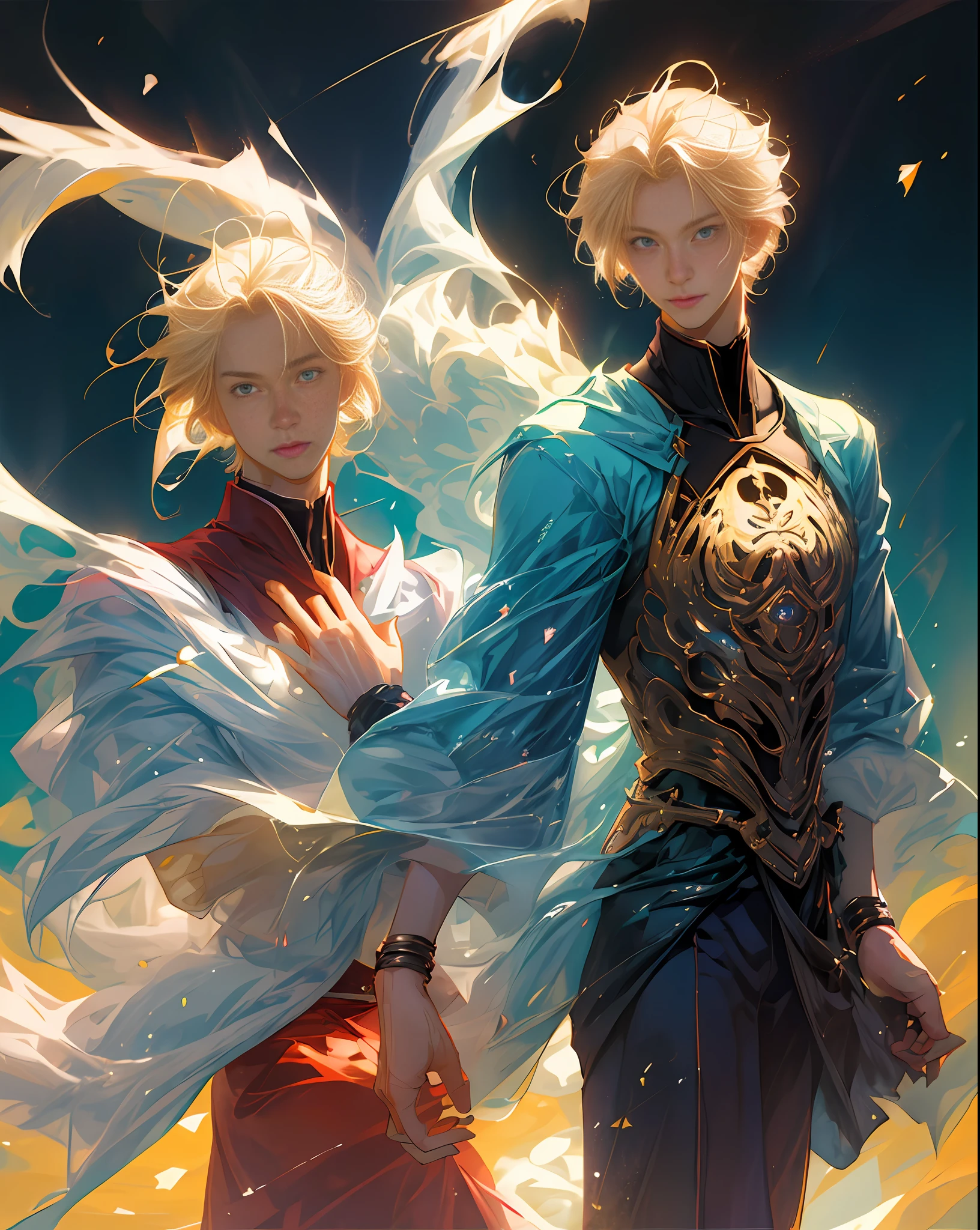 (Best Quality, Masterpiece), Comic Art, Japan Popular Anime Style, 2 Young Men (ung man with blond hair and another with Galactic Element), angel, smile, pose, particles, wind, flower, upper body, simple background, look viewer, use backlight and rim light.