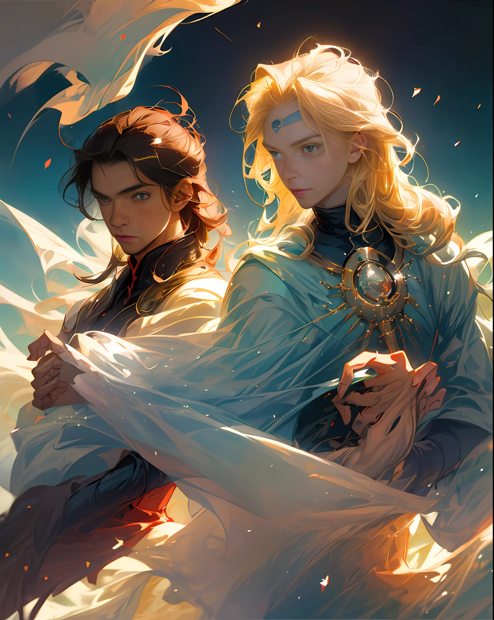 (Best Quality, Masterpiece), Comic Art, Japan Popular Anime Style, 2 Young Men (ung man with blond hair and another with Galactic Element), angel, smile, pose, particles, wind, flower, upper body, simple background, look viewer, use backlight and rim light.