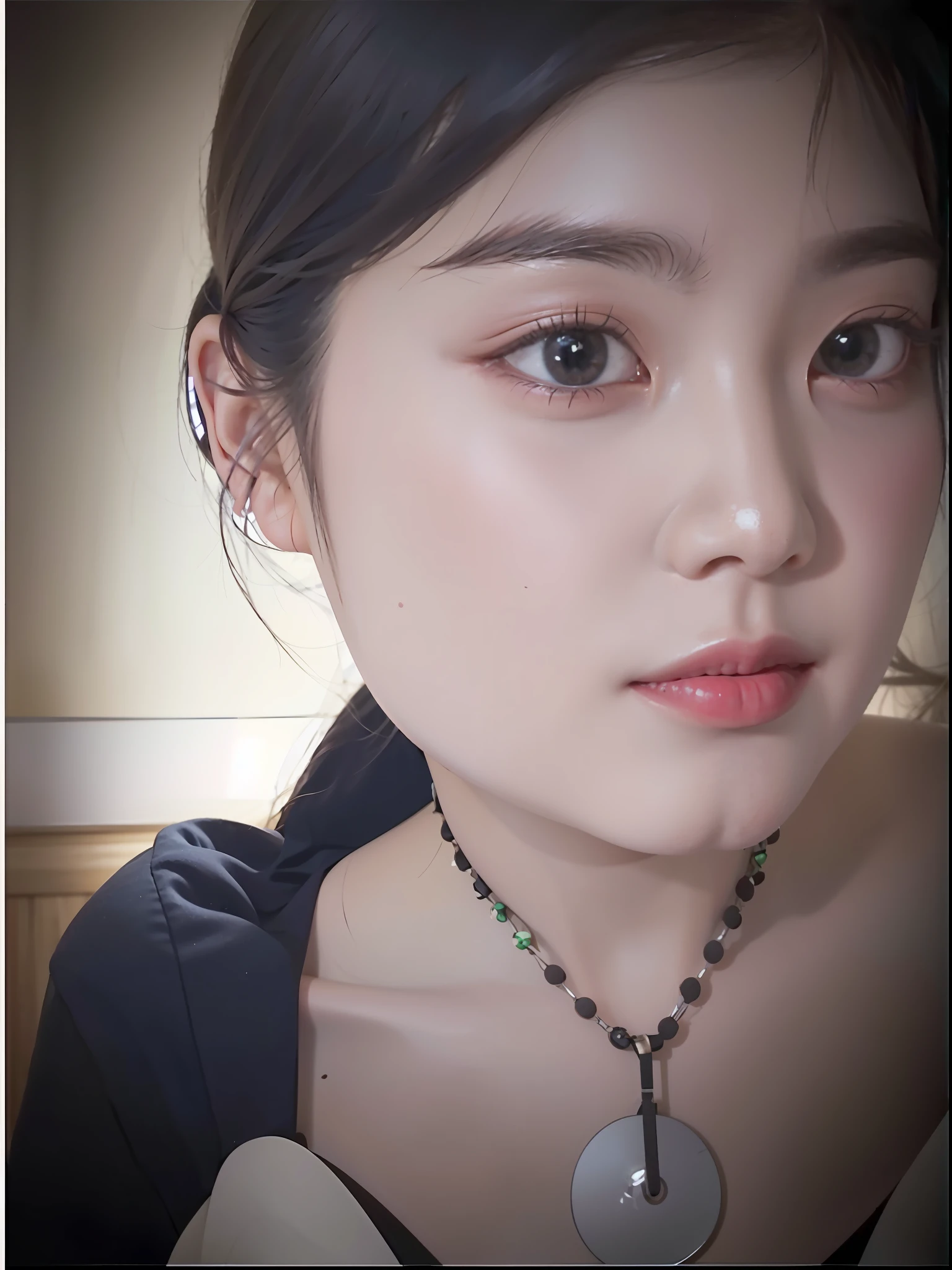 there is a woman with a necklace and a necklace with a pendant on it, young adorable korean face, wan adorable korean face, young cute wan asian face, ulzzang, with round face, korean girl, 1 8 yo, korean symmetrical face, soft eyes and narrow chin, ruan jia beautiful!, beautiful south korean woman, 8k selfie photograph