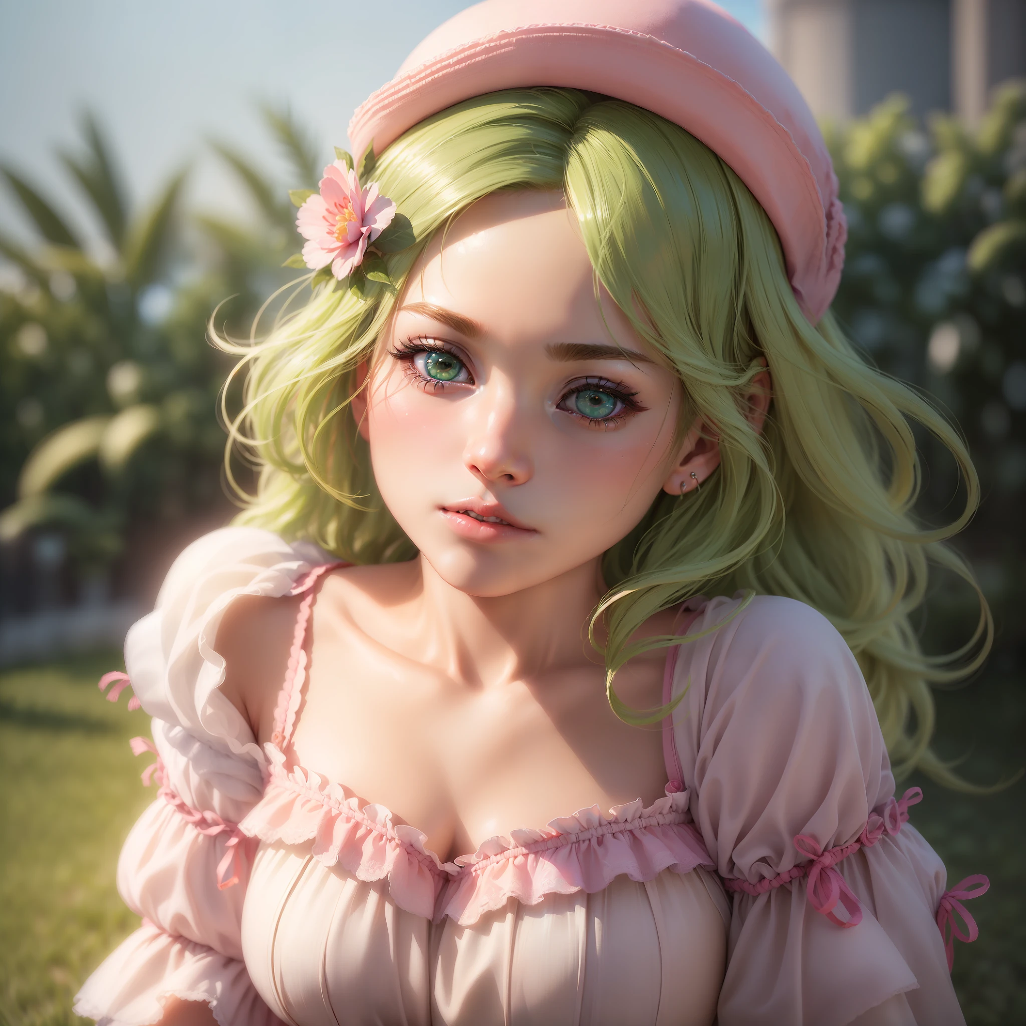 high quality, (photorealistic:1.8), 1girl, (aegyo sal:1), cute, ((puffy eyes)), irreal_engine, photography, realistic_skin_texture, photorealistic, green eyes, pink hair, pink hat, white dress