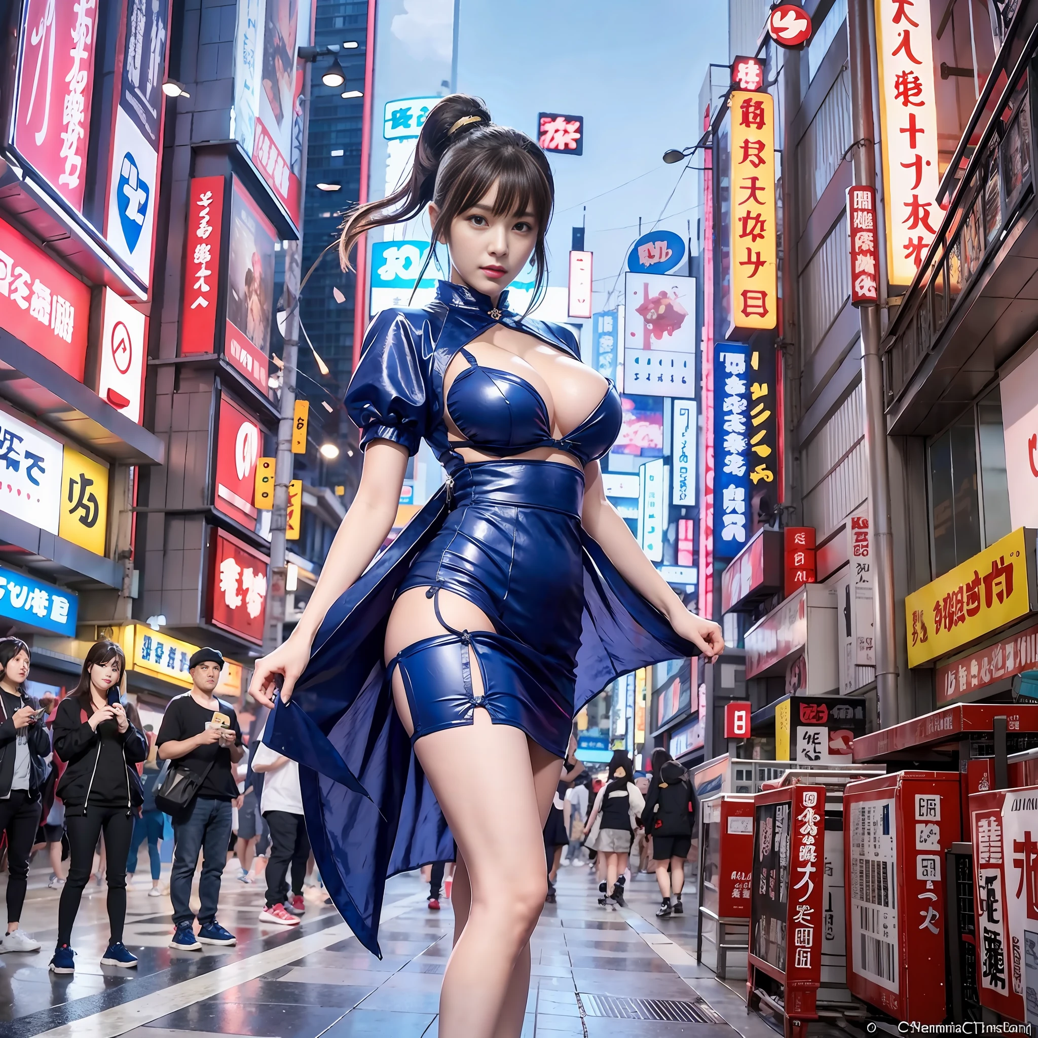 1girl, gravure photo, beautiful girl, big breasts, mini china high leg, woman in blue clothes standing in Akihabara with many onlookers, cyberpunk art inspired by Masamune Shiro, Artstation contest winner, fantasy art, spring portrait - Li, Chun-Li, Chun-Li portrait, seductive anime girl, Jim Chun-Li, beautiful charming anime womanTrending, Full Body, Standing, by CGSTATION,