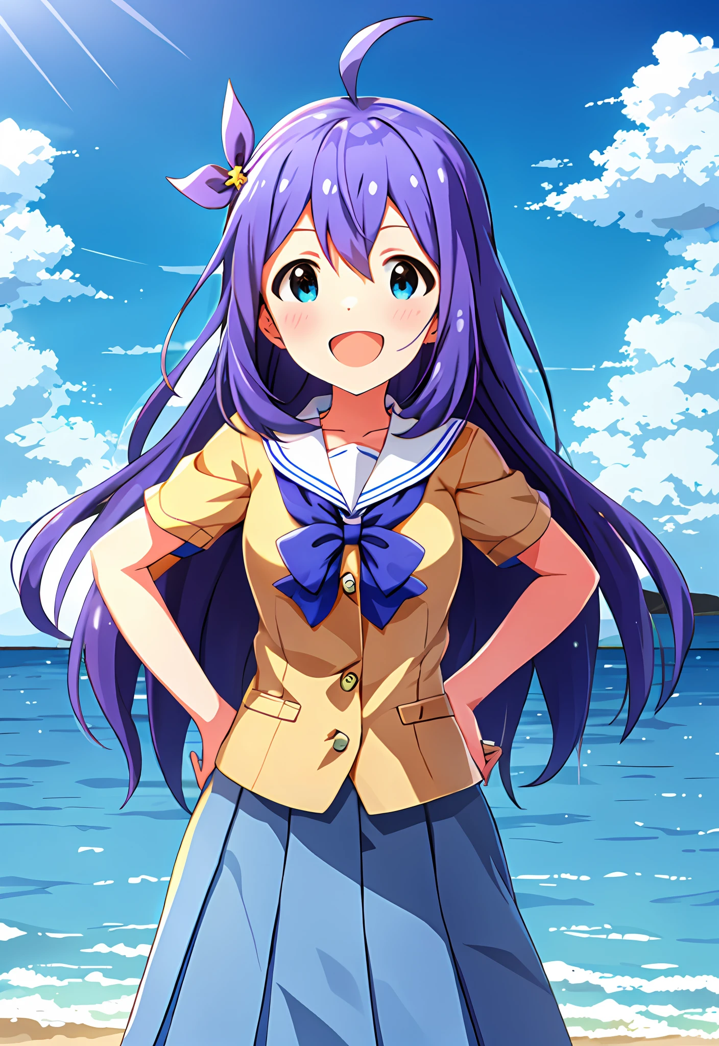 Anna Mochizuki (Million Live), Shiny Trinity \ (Costume), (Best Quality, 8K, Masterpiece, Super Detail: 1.2), Sea, Sun, Mottled Sunlight, Blue Sky, Beautiful Clouds, 1 Girl, Solo, Skirt, Smile, Open Mouth, V, Watch Viewer, White Sailor Color, Blue Shirt, Sailor Color, Blue Skirt, Pleated Skirt, Short Sleeve, :d, Shirt, School Uniform, Blush, Serafuk, Clavicle, bow, ribbon, blue bow.