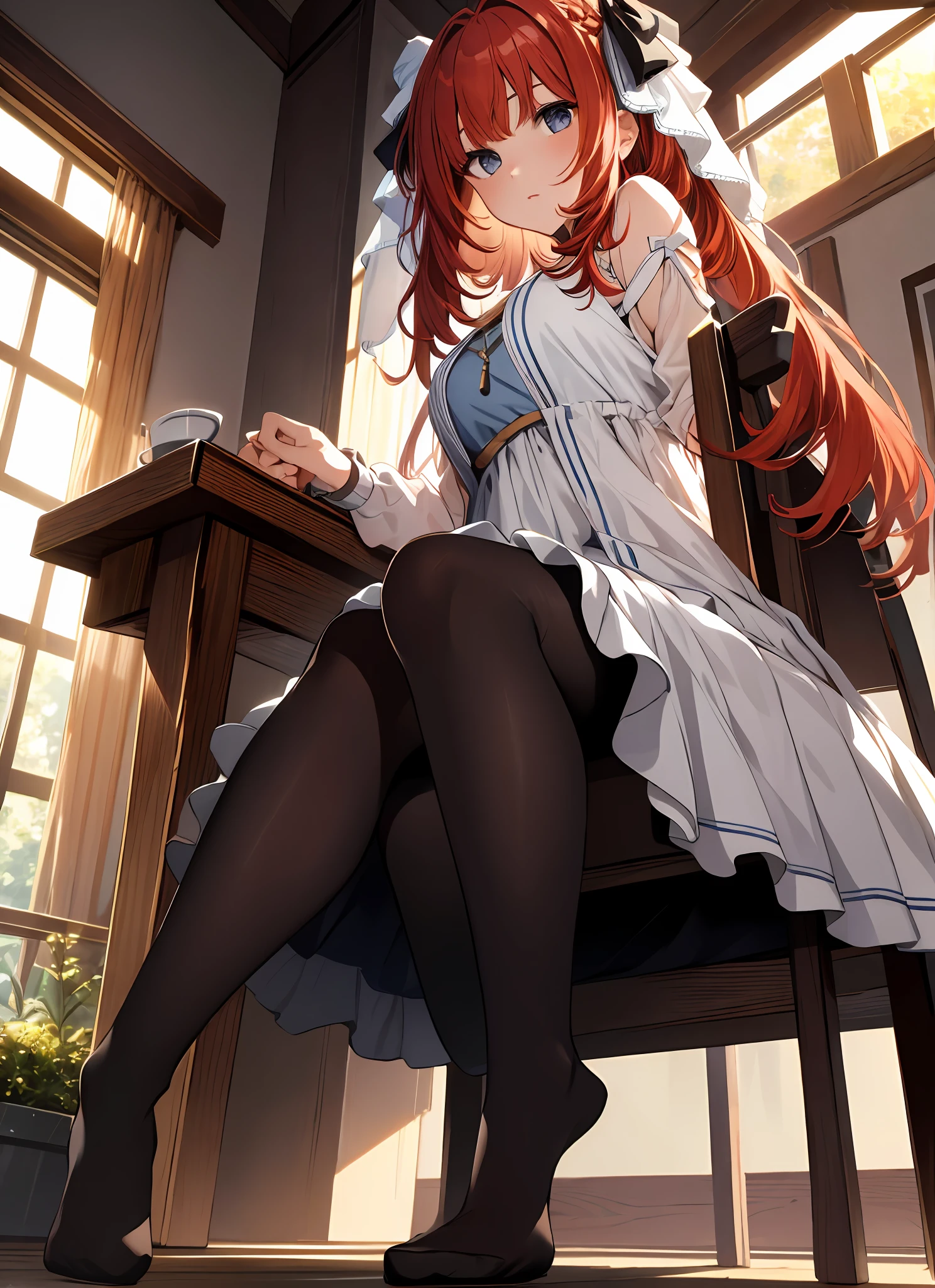 {{masterpiece}},illustration,best quality,extremely detailed CG unity 8k wallpaper,1girl_solo, full_body, from_below, looking_at_viewer, looking_down,((white pantyhose: 1.5)), (no shoes:1.3),chair,twintail,red hair,braided bangs,Sexy and charming panties,revealing dress,window,(Close-up of the foot),hair_ribbon,strong rim light,花,cameltoe,