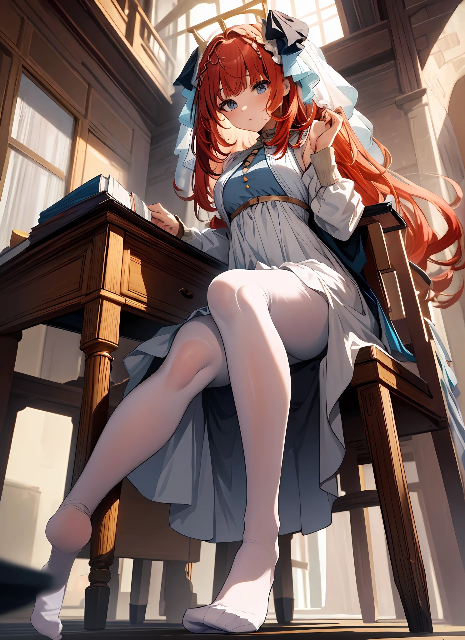 {{masterpiece}},illustration,best quality,extremely detailed CG unity 8k wallpaper,1girl_solo, full_body, from_below, looking_at_viewer, looking_down,((white pantyhose: 1.5)), (no shoes:1.3),chair,twintail,red hair,braided bangs,Sexy and charming panties,revealing dress,window,(Close-up of the foot),hair_ribbon,strong rim light,花,cameltoe,