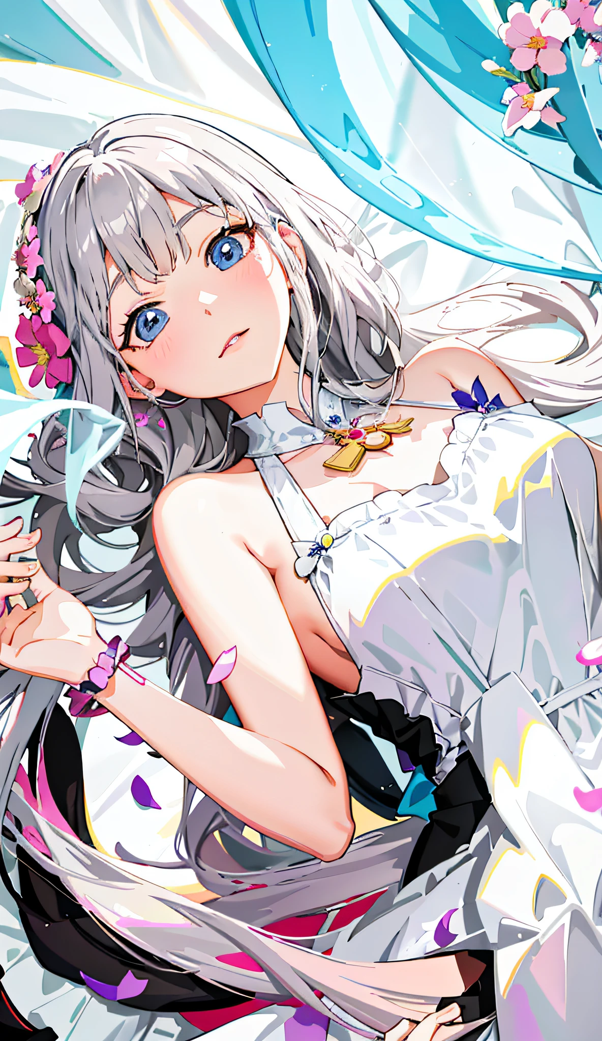 anime girl laying on a bed with a flower in her hair, cute anime waifu in a nice dress, smooth anime cg art, seductive anime girl, anime key visual of elegant, anime visual of a cute girl, beautiful anime girl,  in dress, beautiful alluring anime woman, guweiz, artwork in the style of guweiz, beautiful anime woman