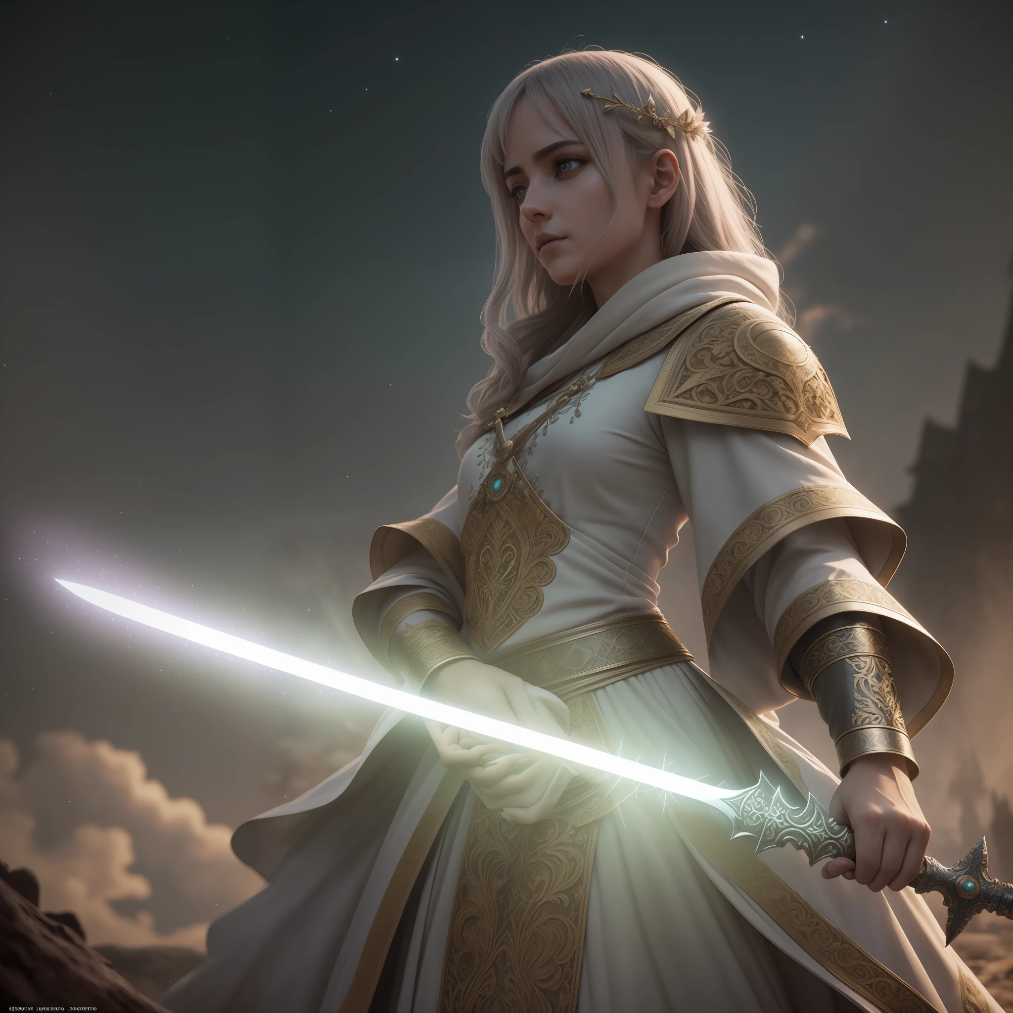 4k, sword fairy, brown robe, lonely standing under the moon, eye contact, focus, precision, (((cinematic style)))), soothing tones, crazy detail, intricate detail, hyper-detail, low contrast, soft cinematic light, dim colors, exposure mixing, HDR, faded, lime atmosphere