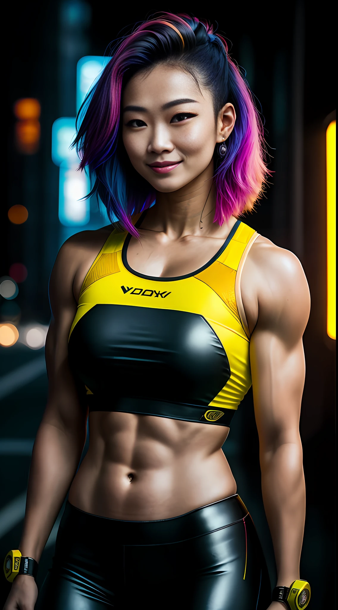 cyberpunk portrait photography, beautiful young thai woman with colorful hair, bodybuilder physique, looking away from the camera in glowing futuristic, smile, wearing yellow top, smiling, happy, super realistic face, natural skin, soft light, rim light, hips, in road side, detailed background, intricate , highly detailed, octane render, HD, 8k, by Annie Leibovitz,120mm
