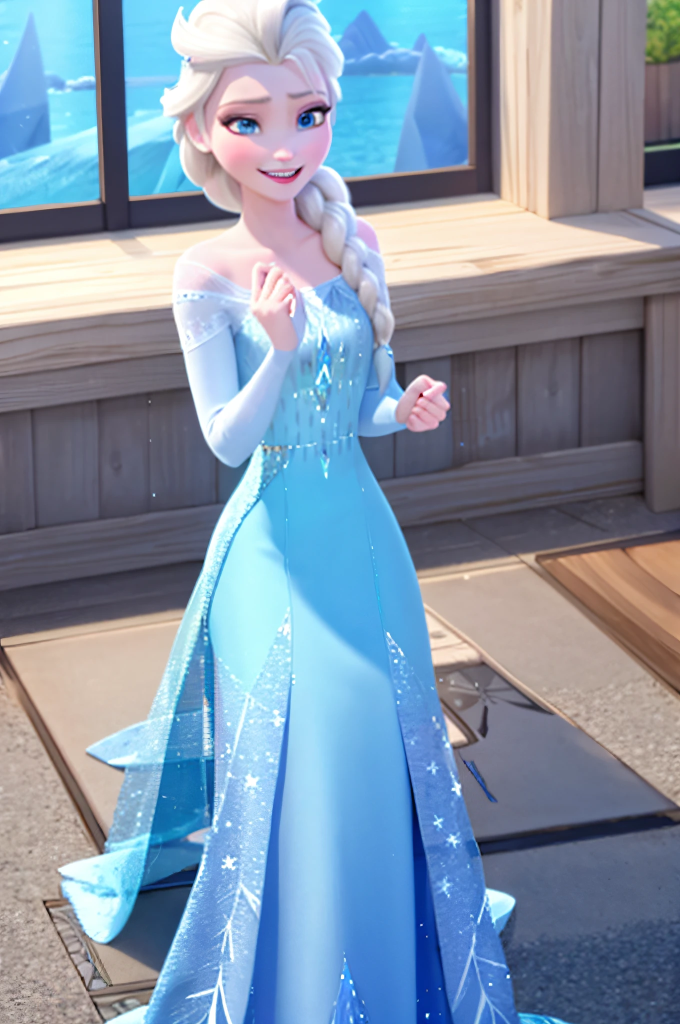 elsa of arendelle, blue ice dress, single braid, smile
