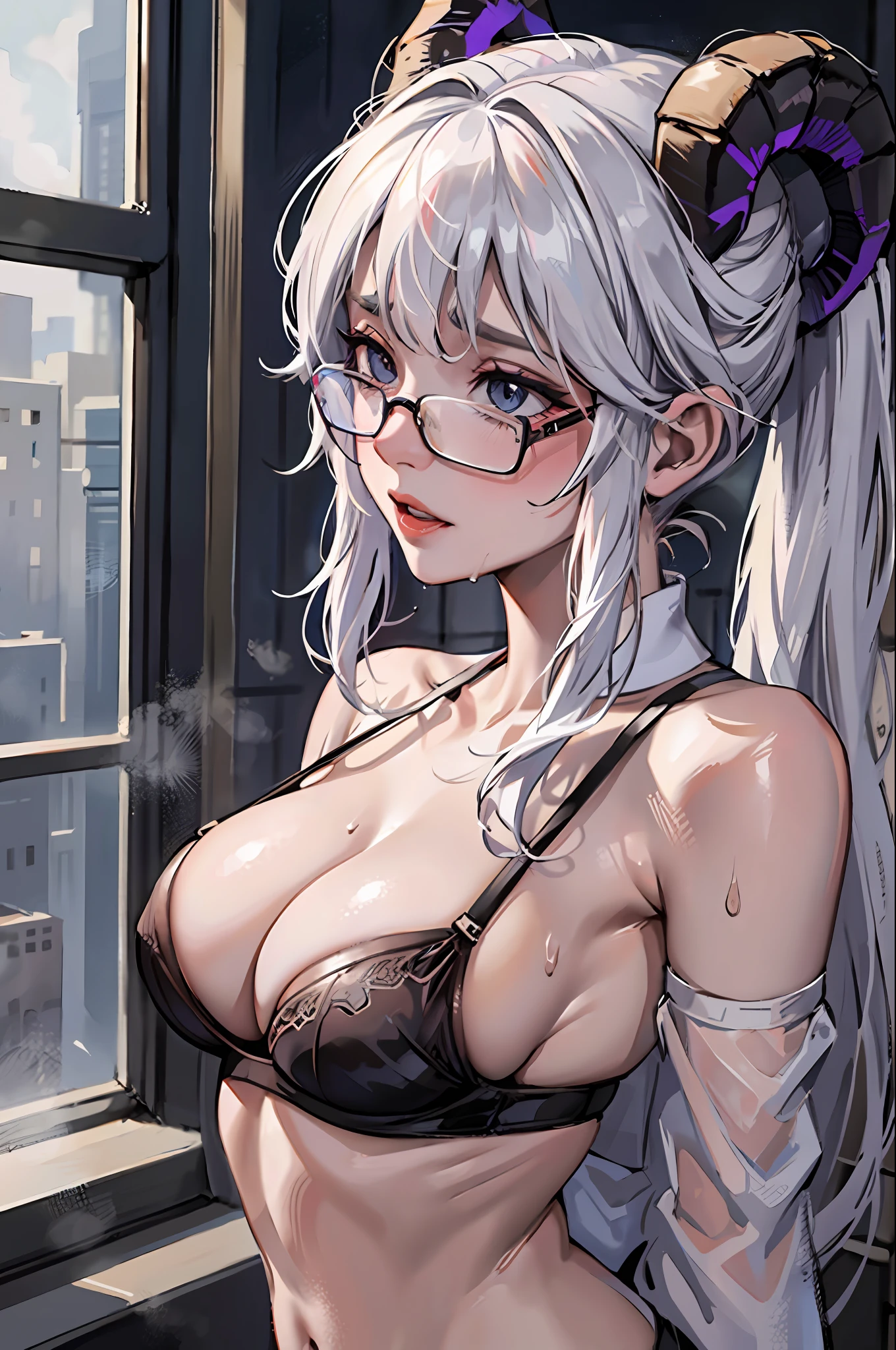 (Masterpiece: 1.2, best quality), (1demongirl: 1.2), man, (NSFW, sweat, catching with a man: 1.2), huge breasts, transparent shirt, wet clothes, long white hair, catching,, taking penises, supposing penises, sweat, ponytail, in college, white hair, side view, side horns, rounded horns, horns forward, horns towards face, sheep horns, lamb horns, glasses(bra: 1.15)