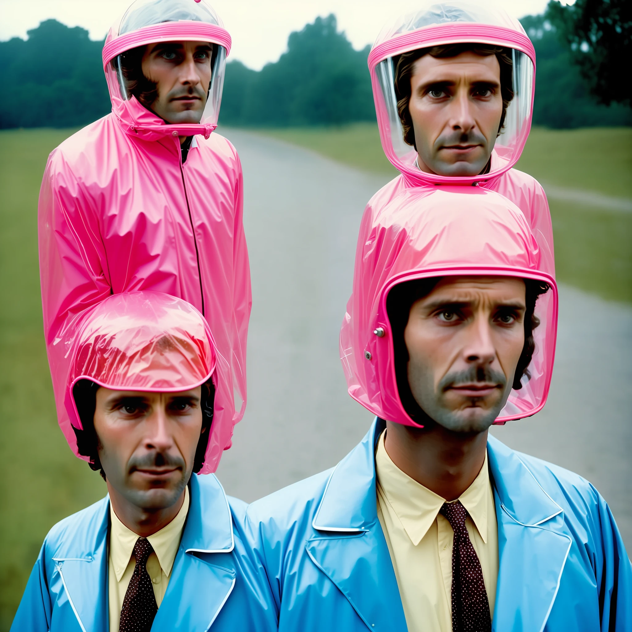 1970s man in suit and raincoat with transparent plastic helmet of pink cap Wes Anderson