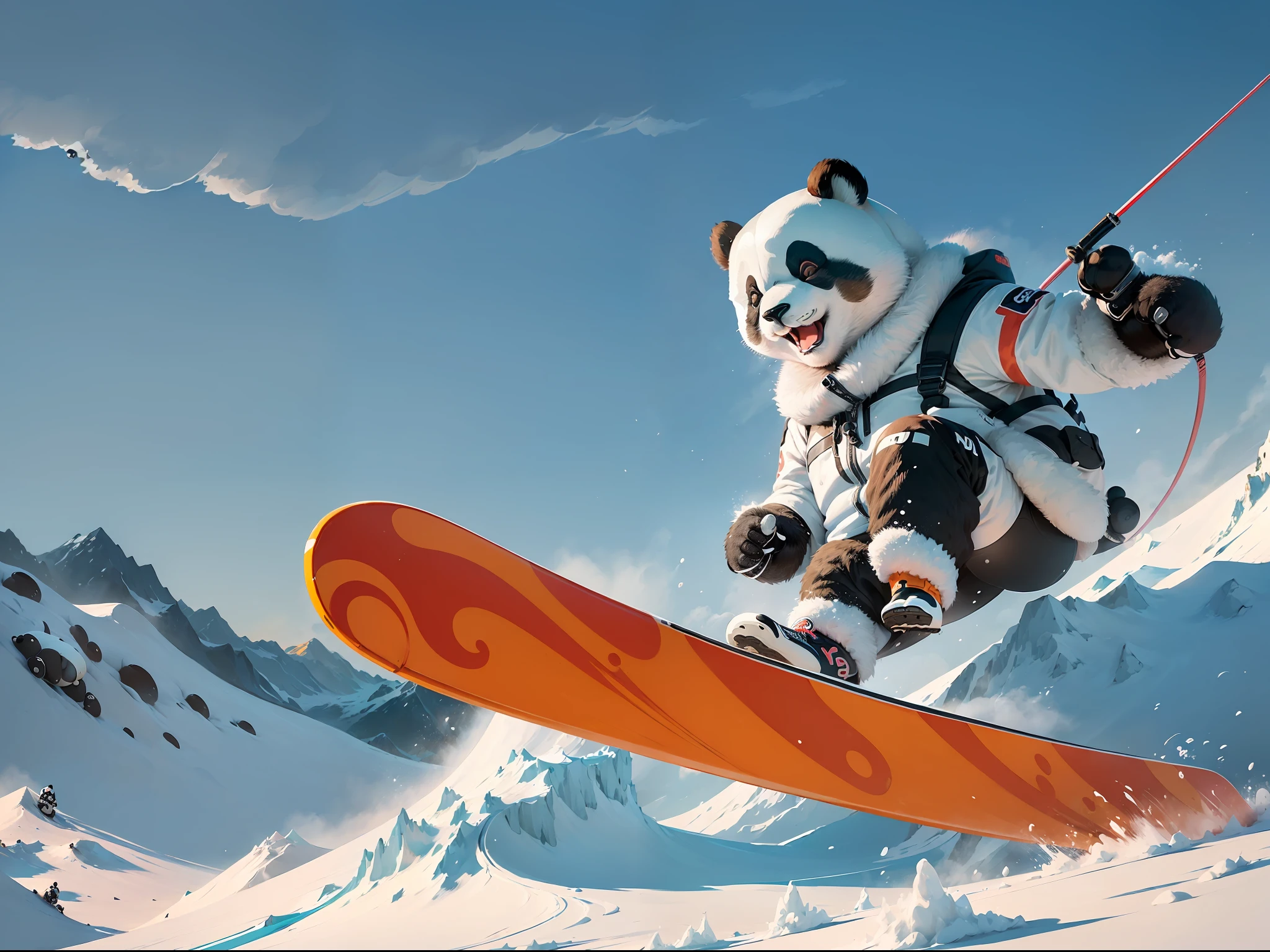 ((best quality)), ((playful and charming)), (detailed), dynamic and engaging cartoon-style illustration of a panda skiing, (panda in action, showcasing its skiing skills:1.1), (cloud patterns integrated into the scenery and panda's outfit:1.2), (excitement and enthusiasm captured in the panda's expression:1.3), bold and vibrant colors, digital artwork --auto --s2