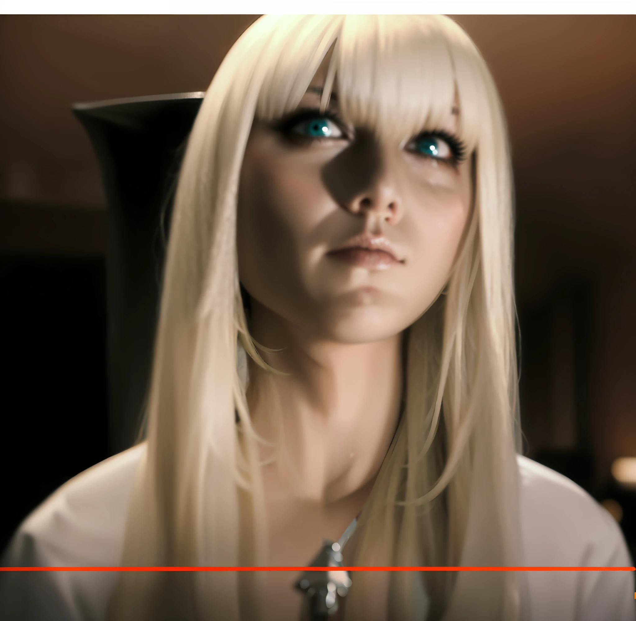 a close up of a woman with long blonde hair and bangs, aurora aksnes, kerli koiv as anime girl,, kerli koiv, long white hair and bangs, die antwoord yolandi portrait, show all body, make she smile, make she look to camera