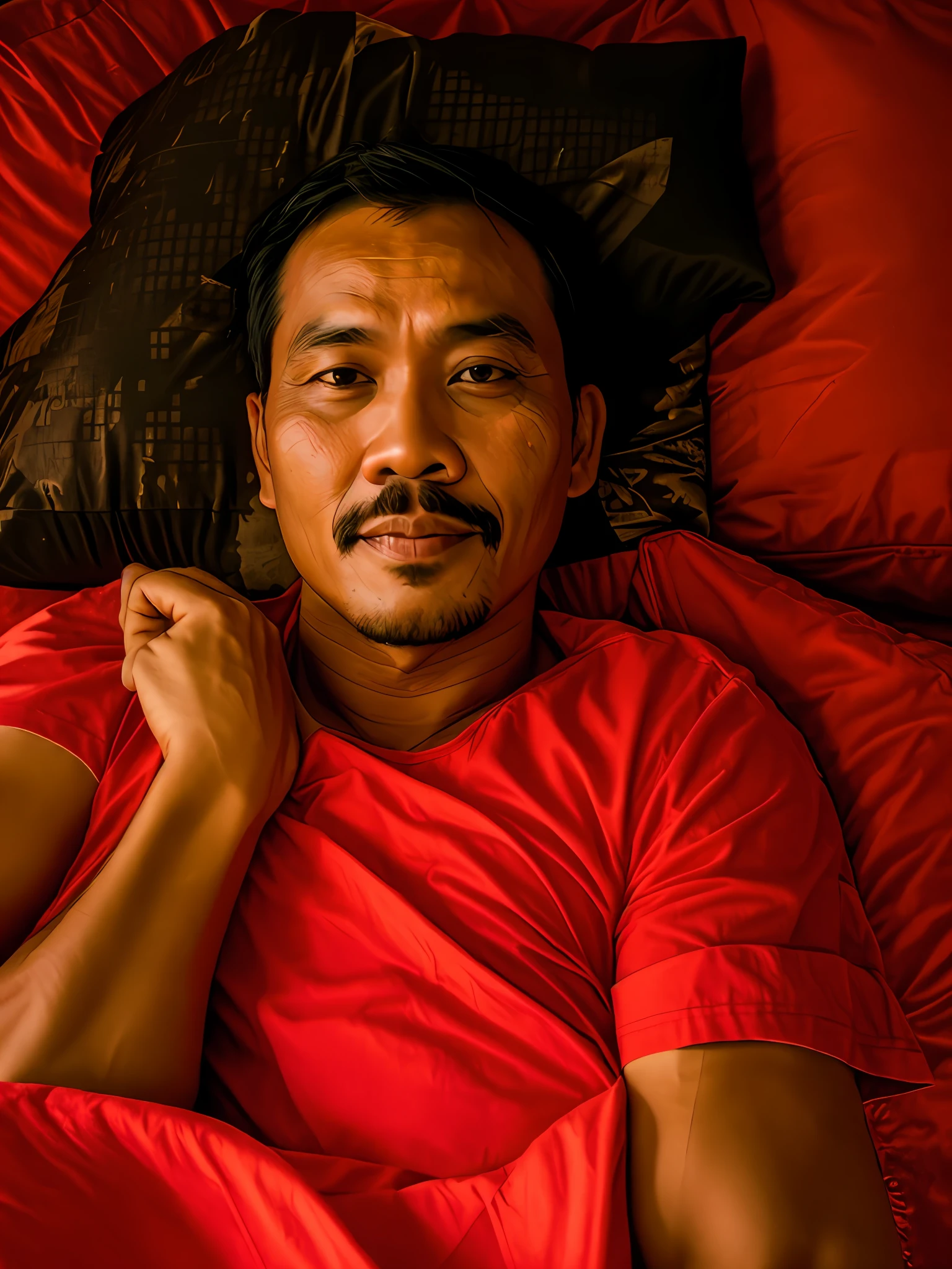 there is a man laying in bed with a pillow on it, 30 old man, thawan duchan, (38 years old), wearing red cote