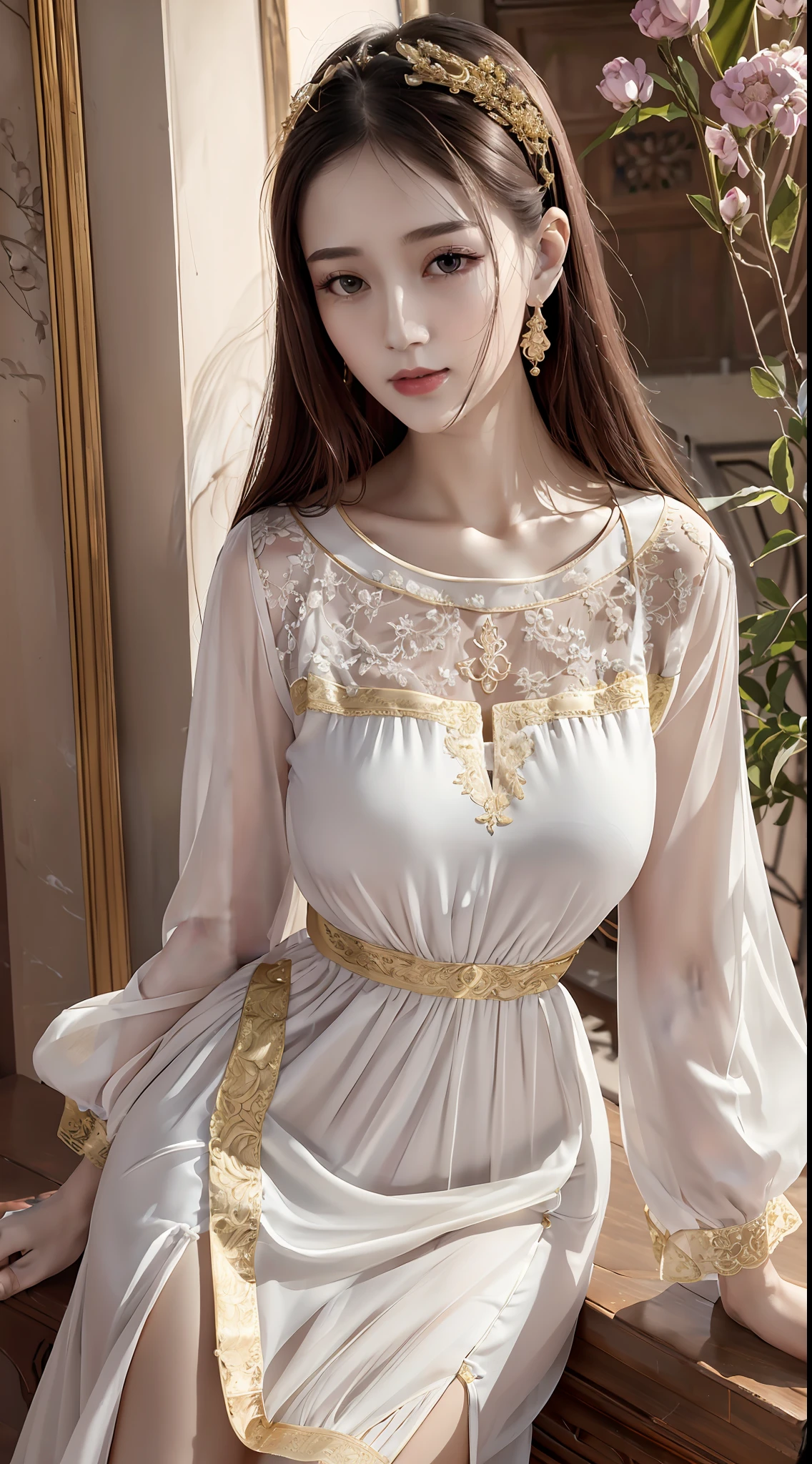 Antique bandeau dress, literary and artistic, beautiful, elegant, slender eyebrows, clear eyes, rosy lips, soft skin, satin long-sleeved blouse with golden edges, antique long-sleeved dress, fuqin posture, waiting posture, palatial palace, azure sky, quiet courtyard