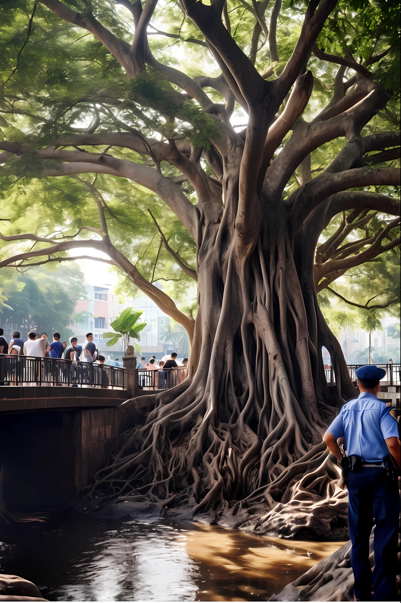 there is a man standing under a tree next to a river, huge central tree, giant tree, an enormous silver tree, huge ficus macrophylla, the bodhi tree at sunset, enormous trees, large tree, big tree, central tree, giant white tree, beautiful ancient trees, giant trees, massive tree, breath-taking beautiful trees