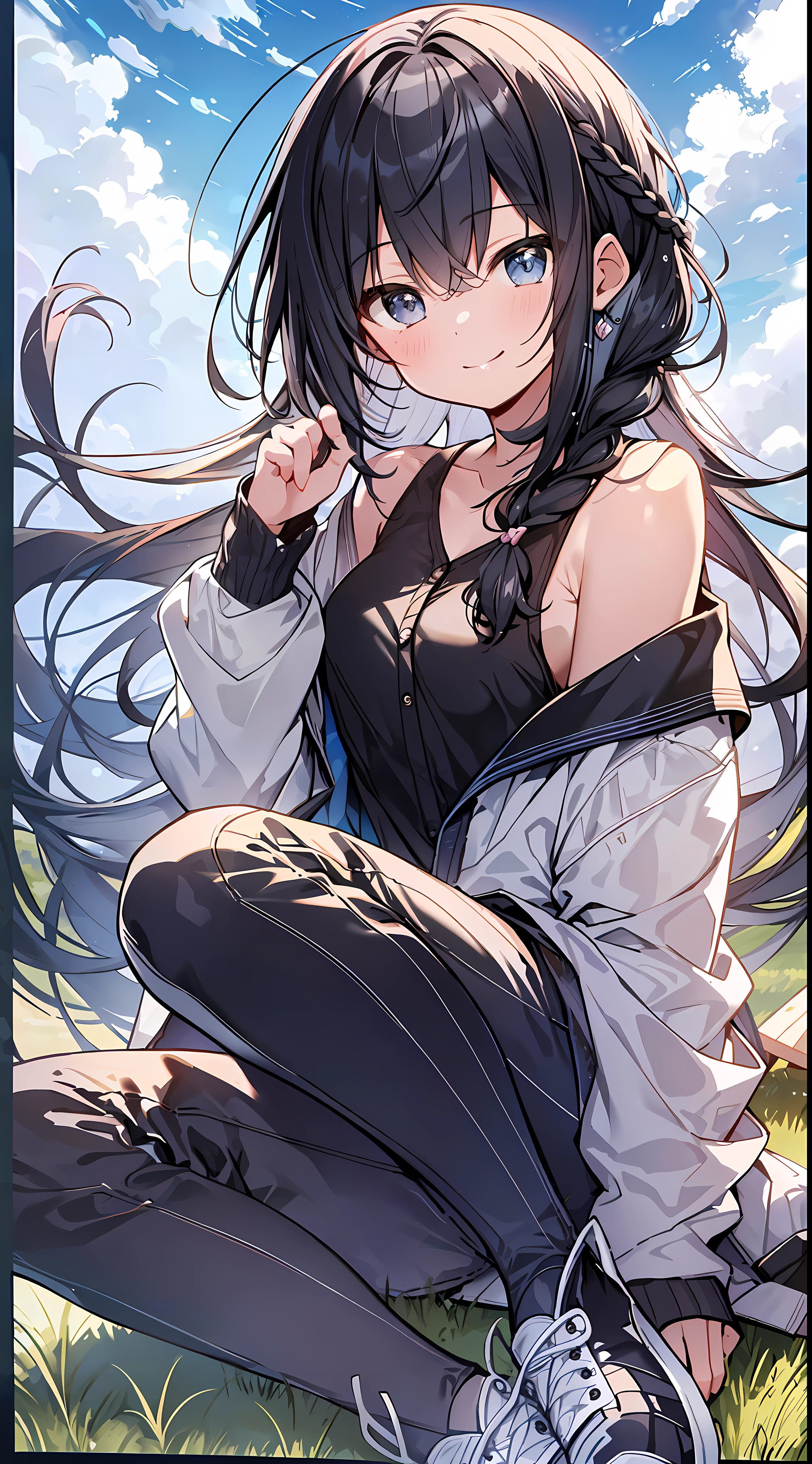 Top Quality, Masterpiece, Ultra High Definition, 8K, Summer Sky, Early Summer, (Pants, Sheer Cardigan, Sneakers), Shojo Manga Style Loli, One, Soft Line Art, Digital Enhancement, Shoujo Manga Touch, Shojo Manga Core, Flowing Fabric, Close Up, (Shoulder Length and Short Braid)), Wet Hair, Soft Drawing, Beautiful Black Hair, Clear Eyes, ((Teasing smile)) , Ultra-detailed digital anime art, clear face depiction, ultra-detailed shoujo manga character art, clear facial features, ultra-detailed manga style, top quality colors, hand gestures, landscape with nature, looking up at the sky, angle to see up to your feet, sit