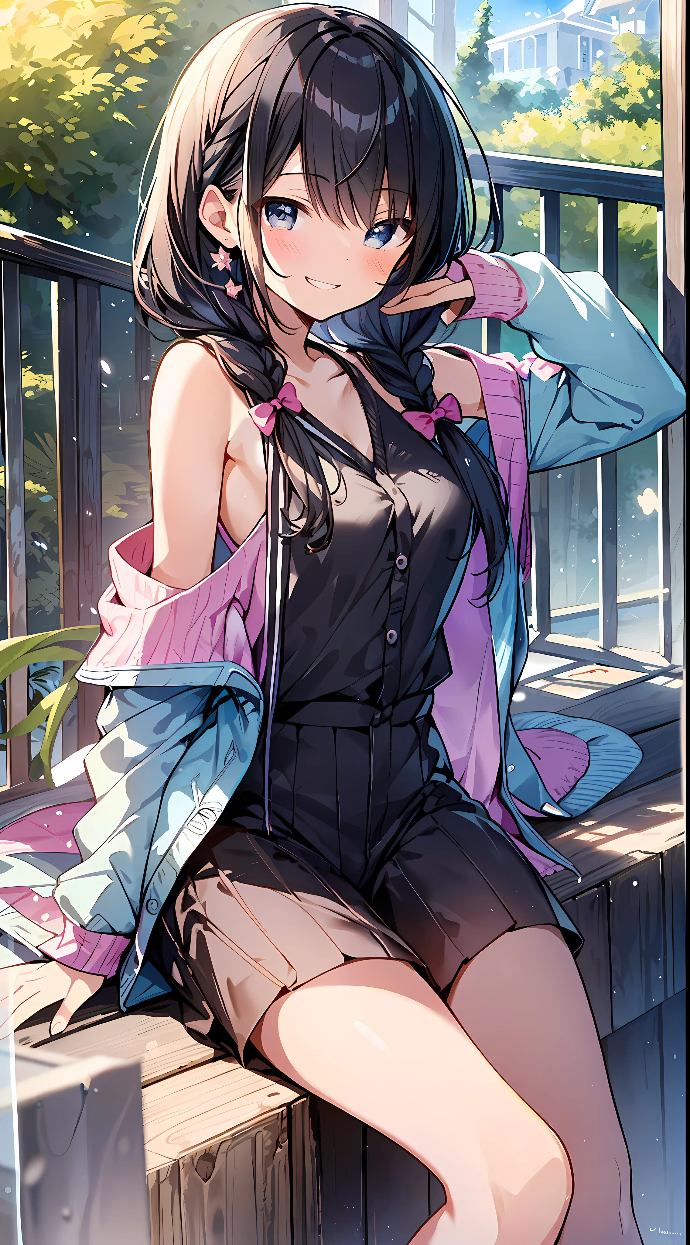 Top Quality, Masterpiece, Ultra High Definition, 8K, Summer Sky, Early Summer, (Pants, Sheer Cardigan, Sneakers), Shojo Manga Style Loli, One, Soft Line Art, Digital Enhancement, Shoujo Manga Touch, Shojo Manga Core, Flowing Fabric, Close Up, (Shoulder Length and Short Braid)), Wet Hair, Soft Drawing, Beautiful Black Hair, Clear Eyes, ((Teasing smile)) , Ultra-detailed digital anime art, clear face depiction, ultra-detailed shoujo manga character art, clear facial features, ultra-detailed manga style, top quality colors, hand gestures, landscape with nature, looking up at the sky, angle to see up to your feet, sit