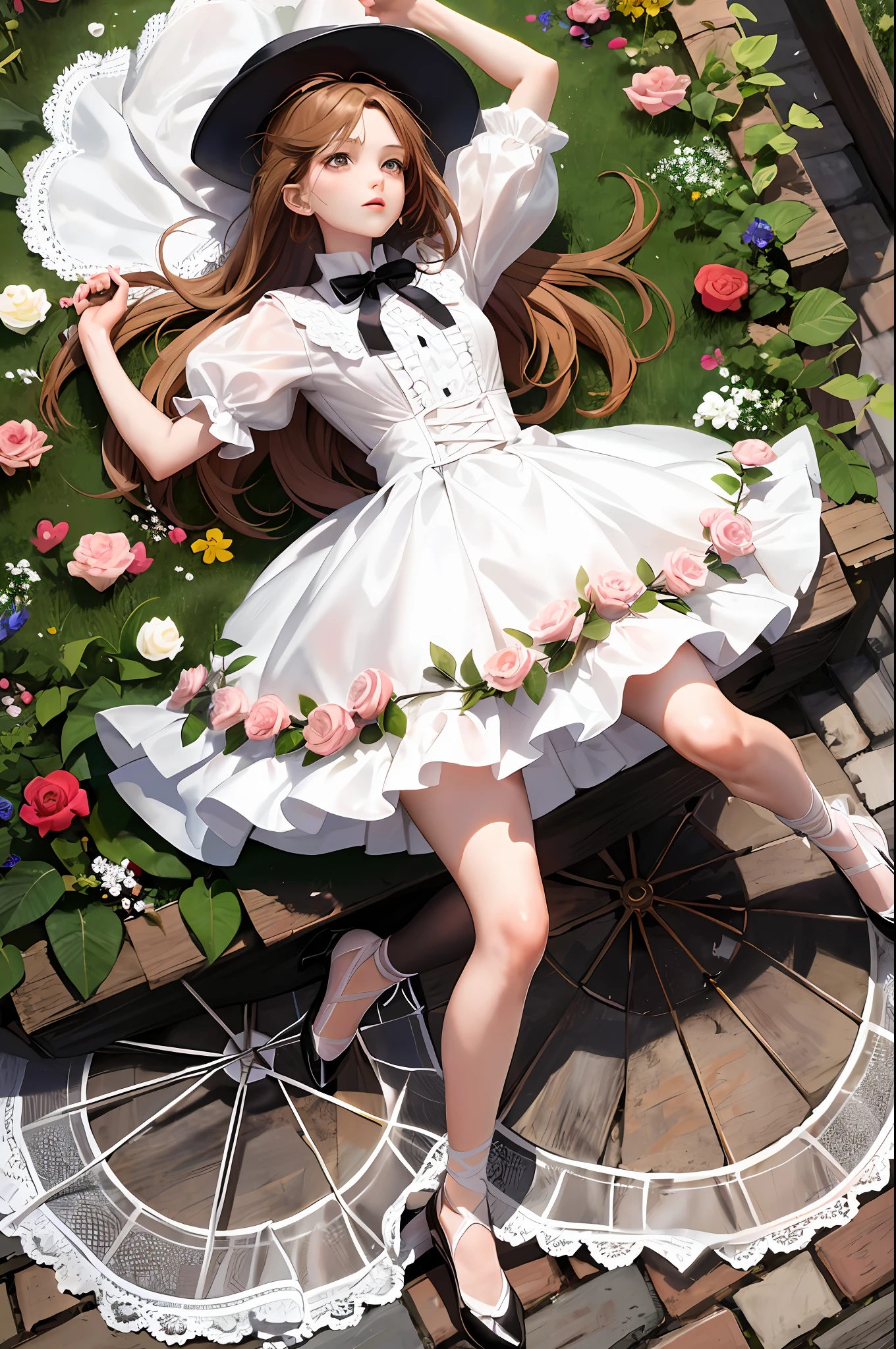 1girl, extreme detail, high quality, elegance, long eyelashes, light chestnut hair, white dress, lace short sleeves, white ballet shoes