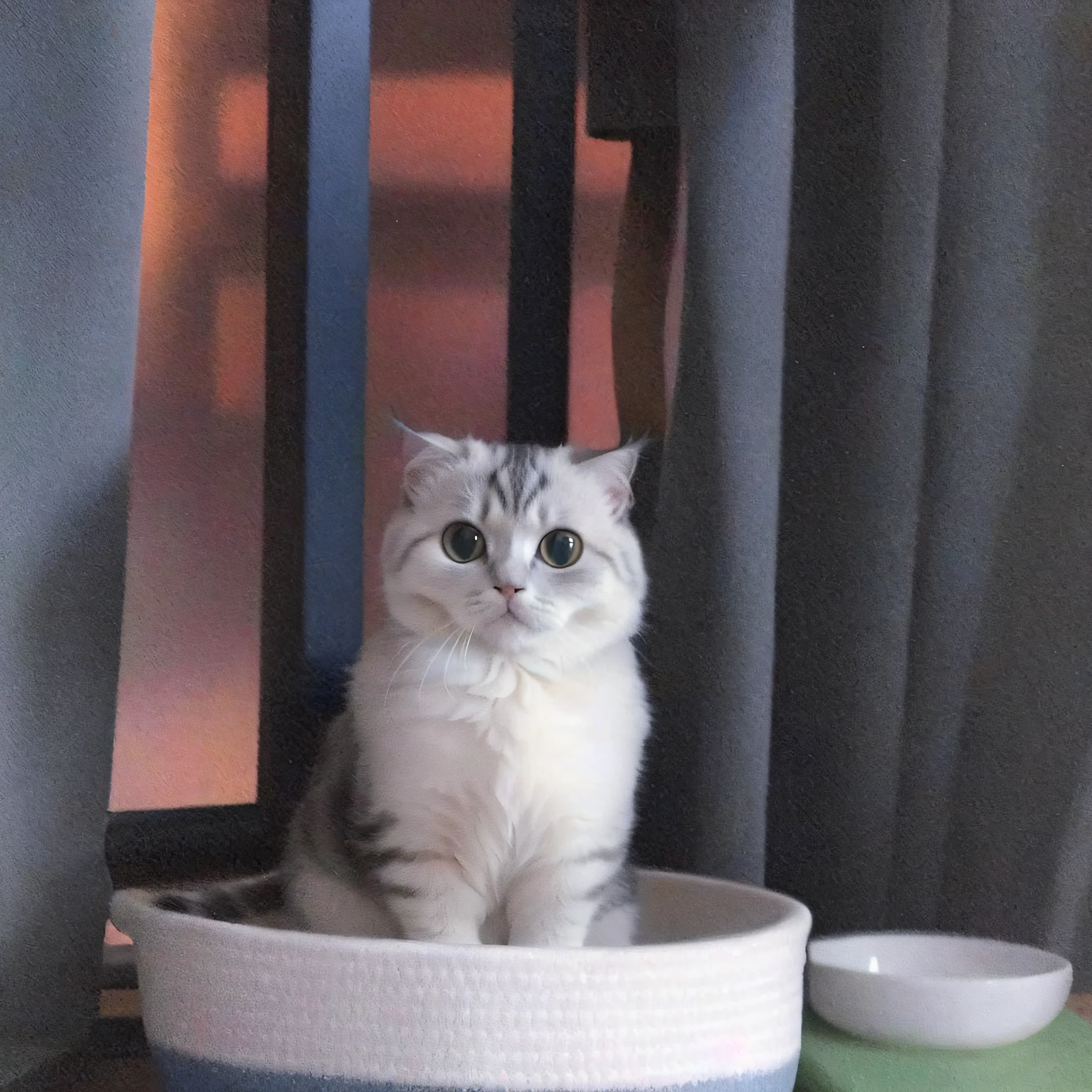 there is a cat sitting in a bowl on a table, scottish fold, proud looking away, photo of a cat, she is looking at us, sad cat, soft but grumpy, looking confused, looking distracted and awkward, staring at you, exotic shorthair cat, a cute cat, cat photo, high picture quality, she has a distant expression, sittin