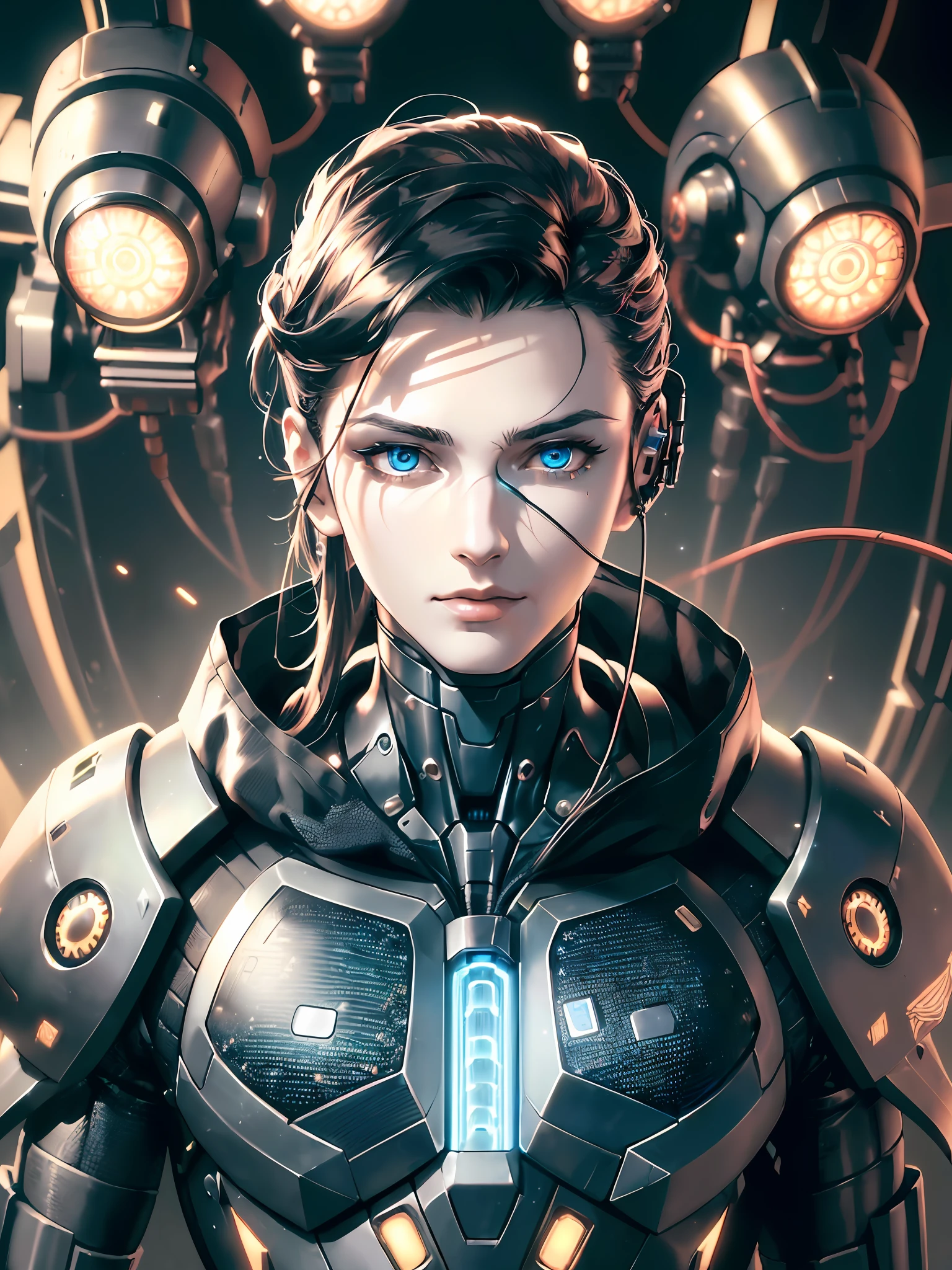 1cybernetic style mechanical boy, (((ultra realistic details)), portrait, global lighting, shadows, octane render, 8k, ultra sharp, metal, intricate, detailed ornaments, cool colors, egyptian detail, highly intricate details, realistic light, trend in cgsociety, bright eyes, front camera, neon details, mechanical limbs, blood vessels connected to tubes, mechanical vertebra attaching to the back, mechanical cervial attaching to the neck,  sitting, wires and cables connecting to the head