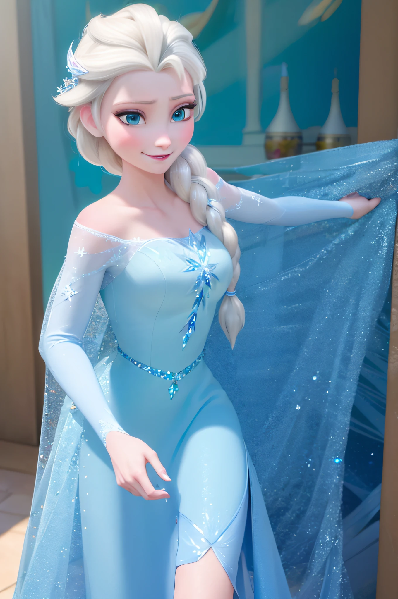 (masterpiece:1.4), (best qualit:1.4), (high resolution:1.4),elsa of arendelle, blue ice dress, single braid, smile