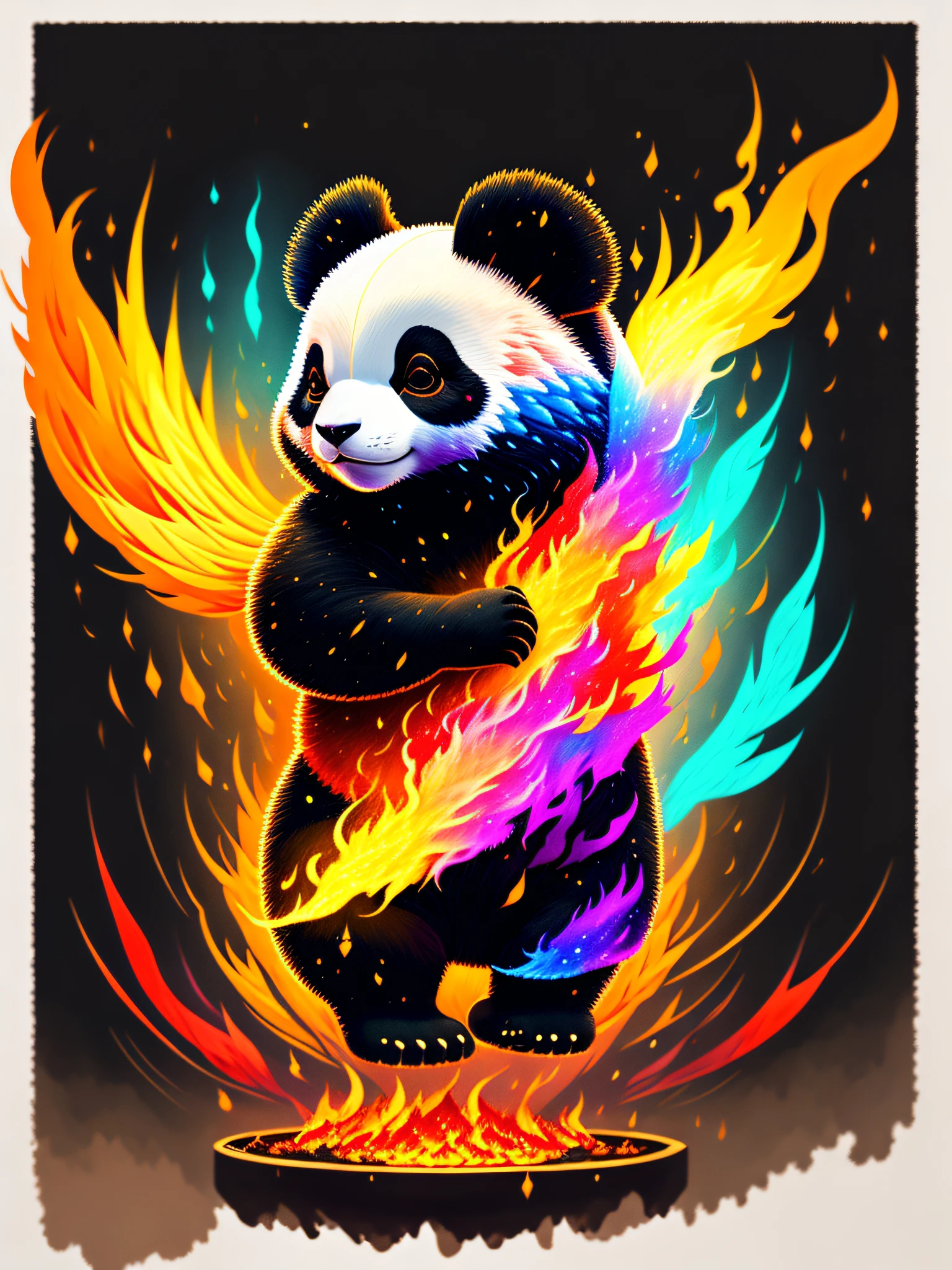 a painting of a colorful panda on a black background, panda rising from the ashes, breathtaking rendering, within a radiant connection, inspired by Kinuko Y. Craft, merging into vulpix, magical elements, white eagle icon, wow, it's gorgeous, casting a multi colorful spell, bright flash, flash